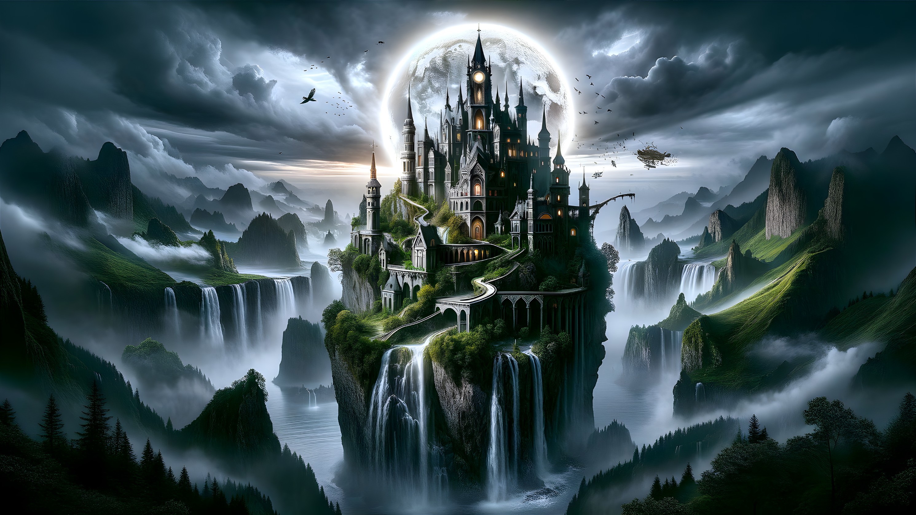 Fantastical castle on a mountain with waterfalls and airship