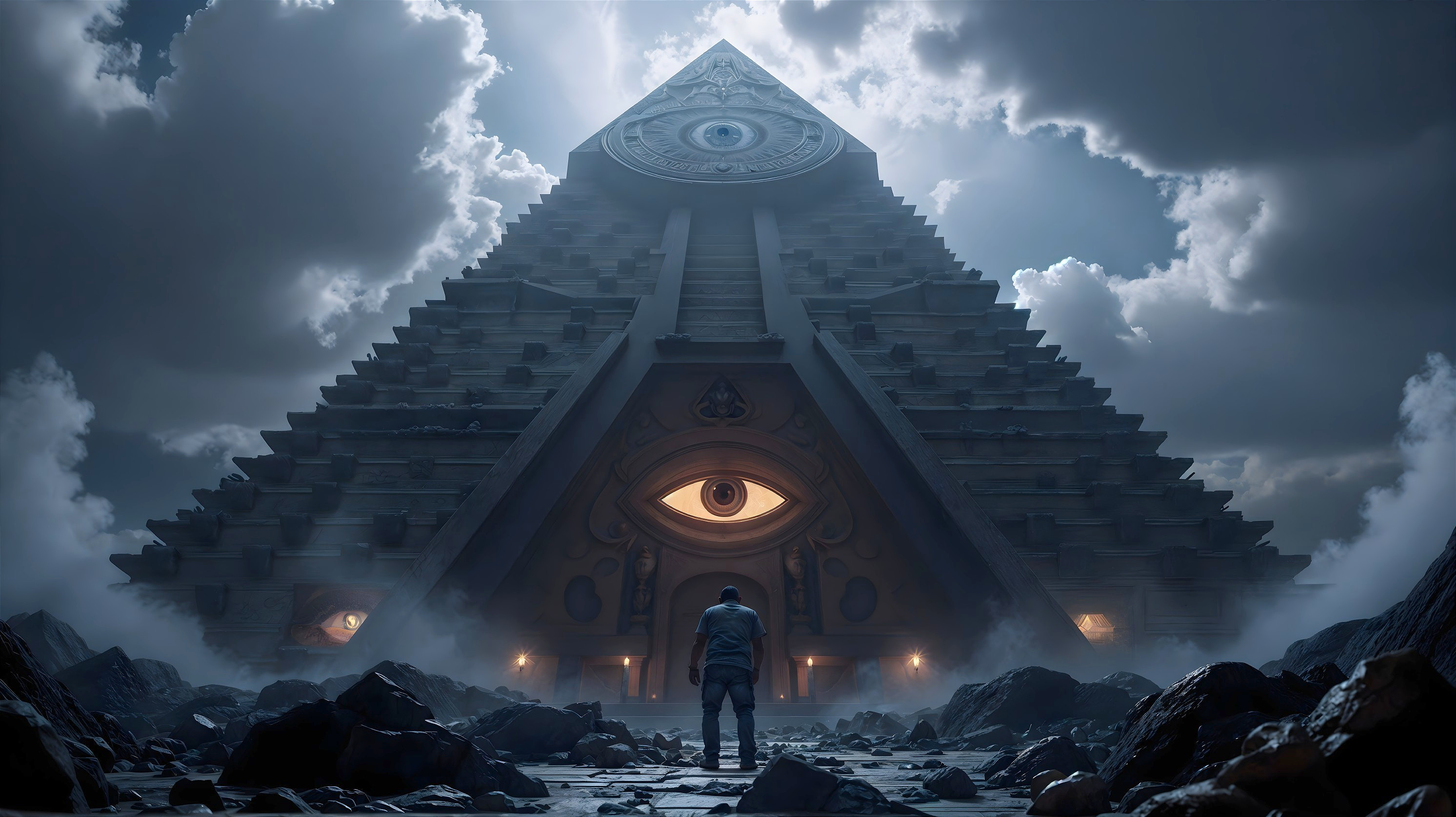 Mysterious Pyramid with Intricate Carvings Under Stormy Sky