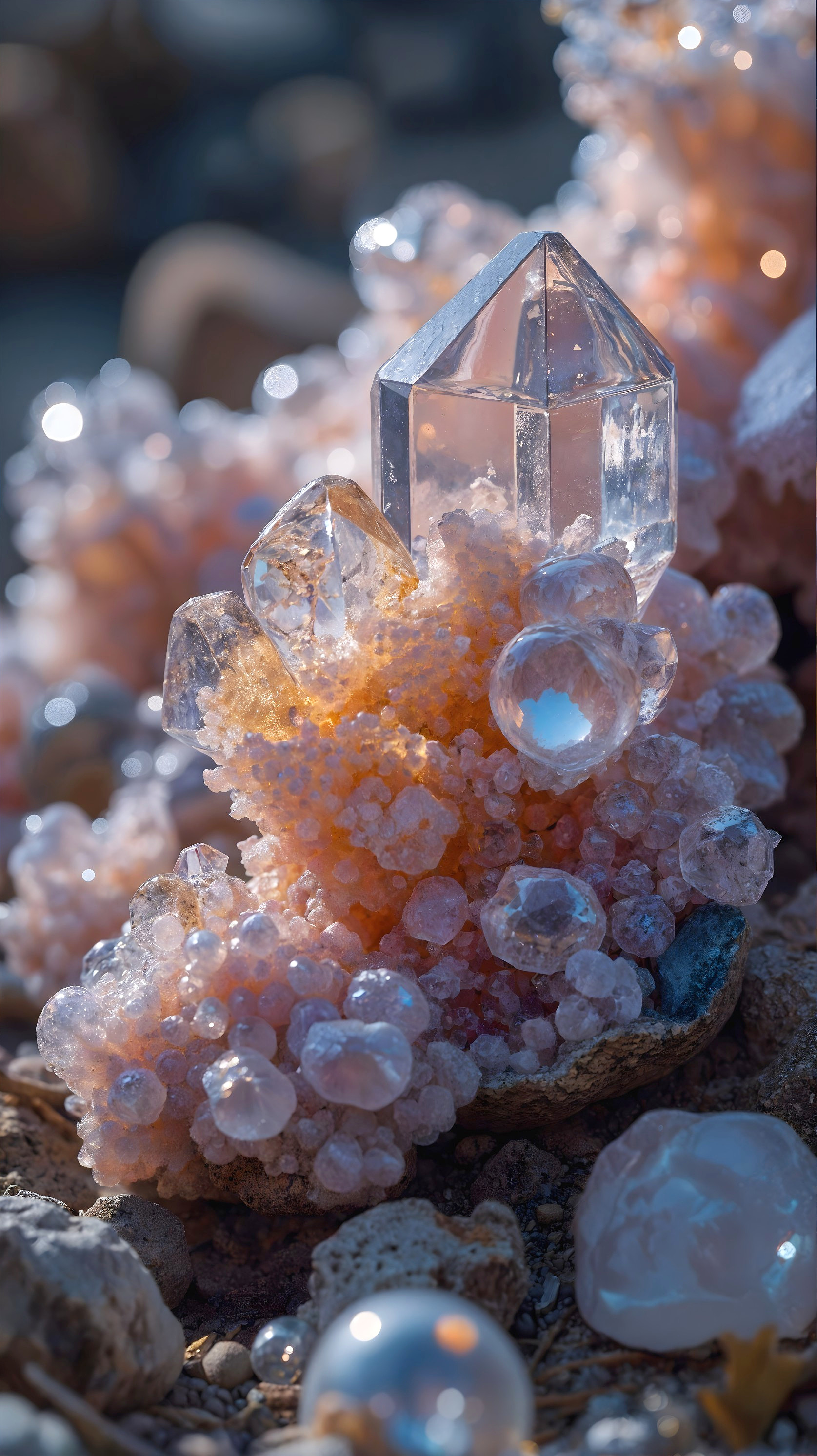 Close-Up of Iridescent Crystals on Pink Mineral Base