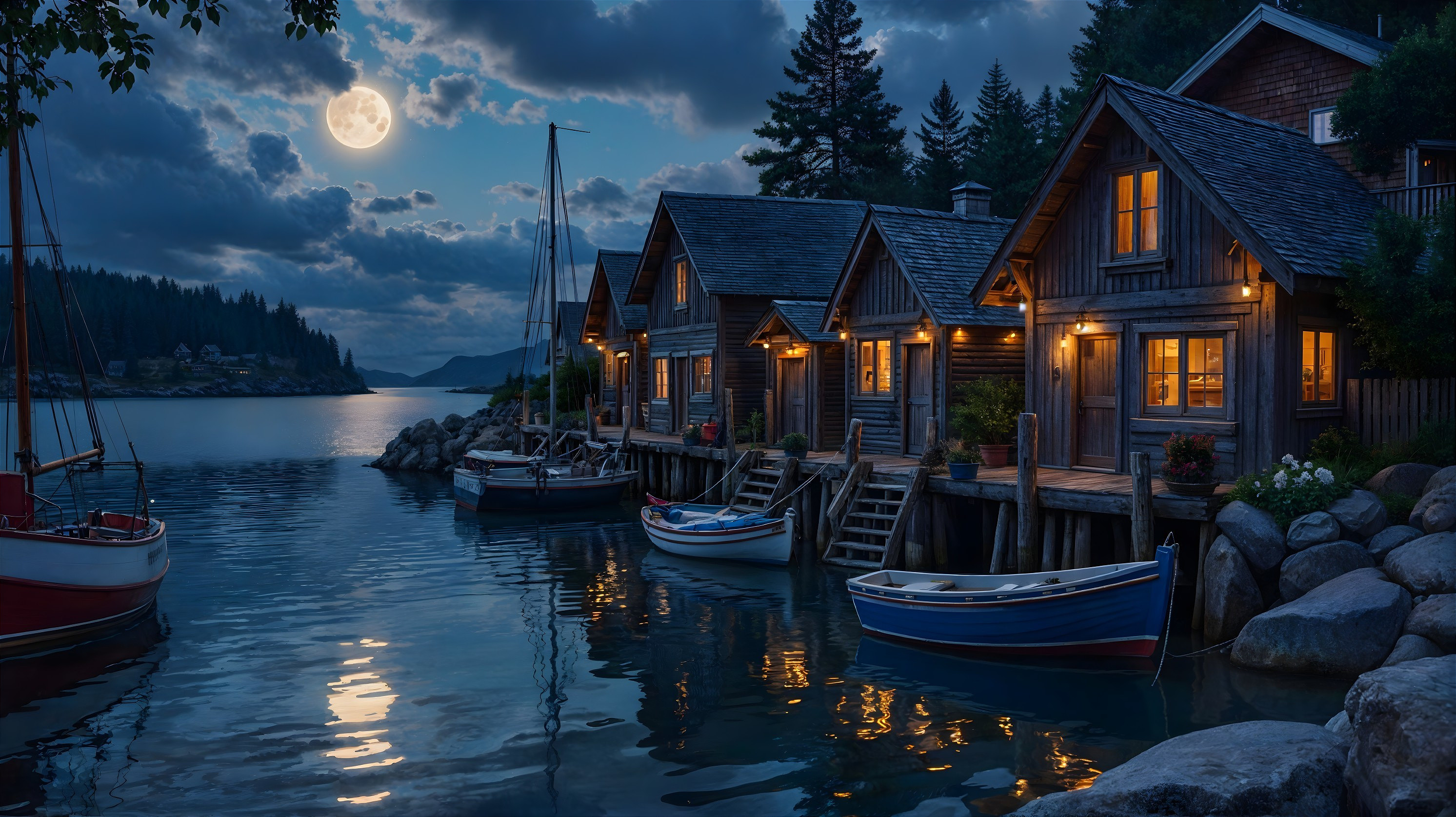 Lakeside Night Scene with Cabins and Moon Reflection