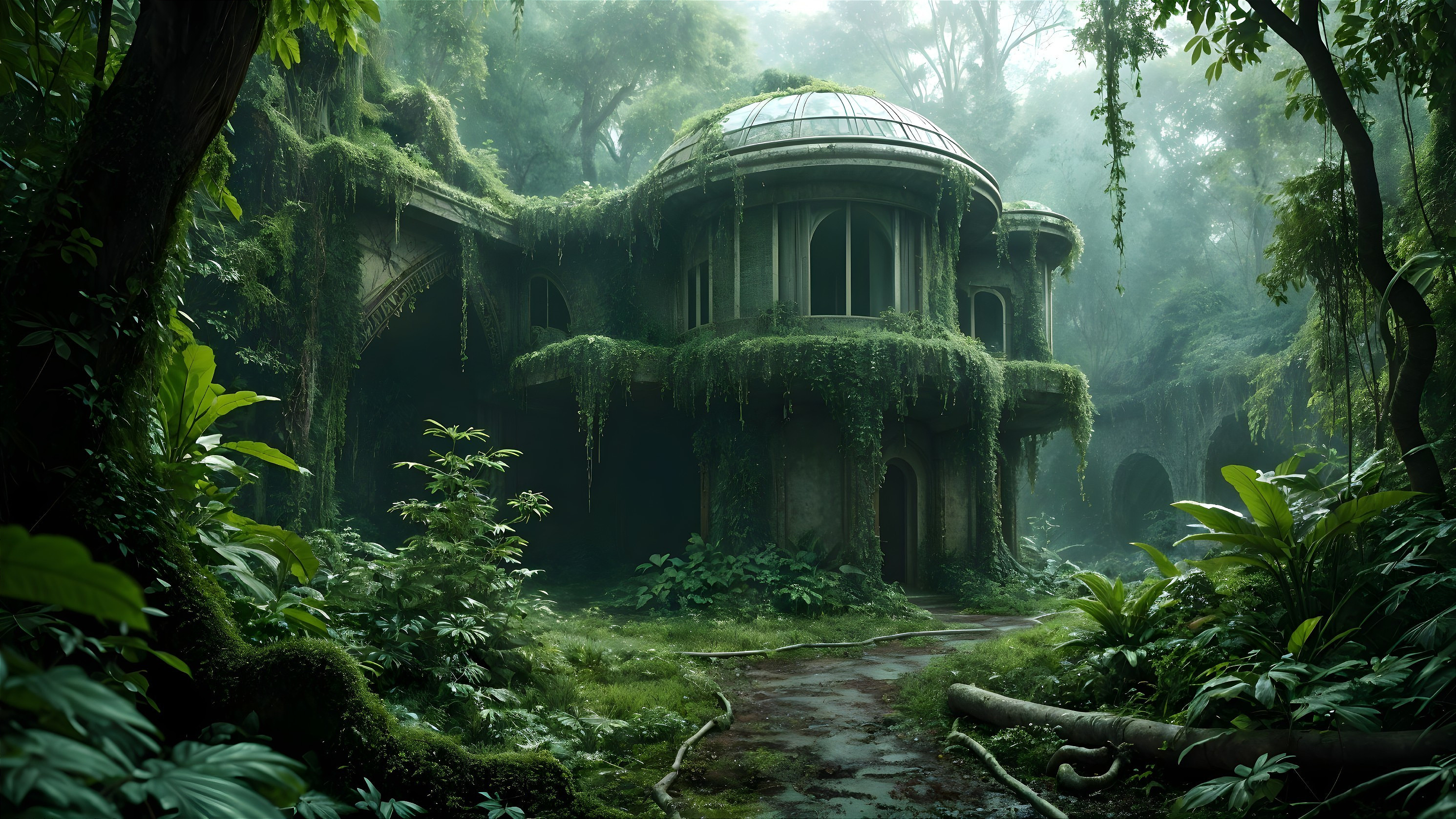Overgrown Structure Surrounded by Dense Jungle Vegetation