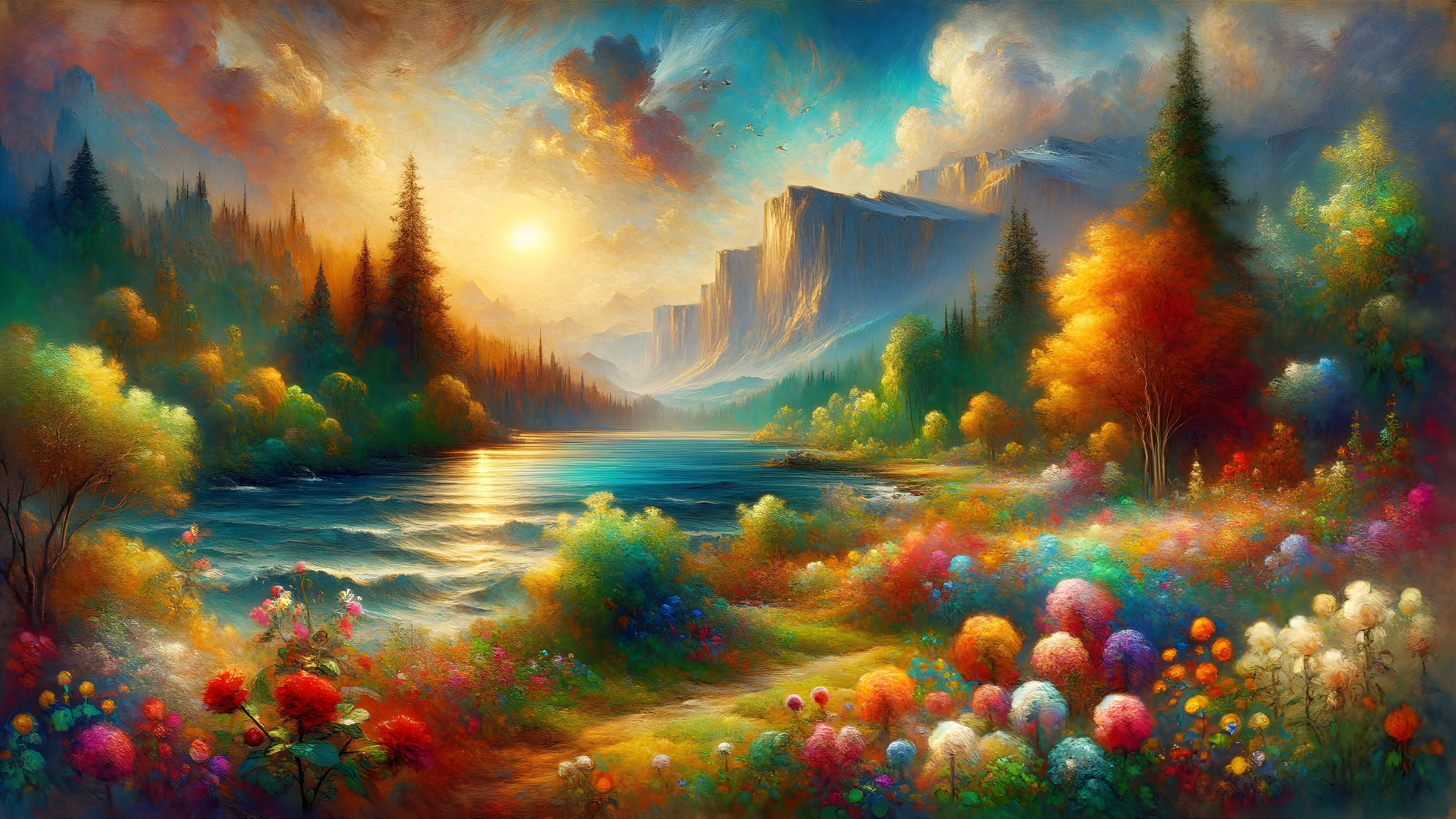 Vibrant Landscape with River and Sunset Over Mountains