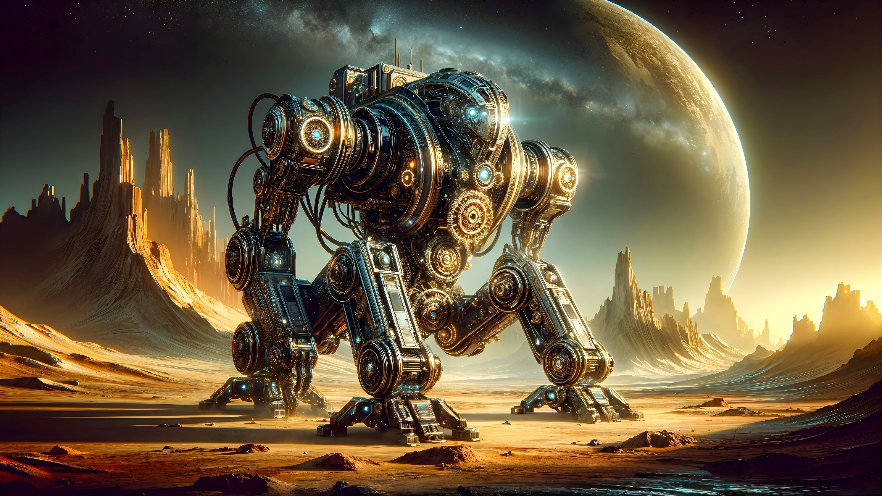 Robotic Figure on Alien Landscape with Starry Sky