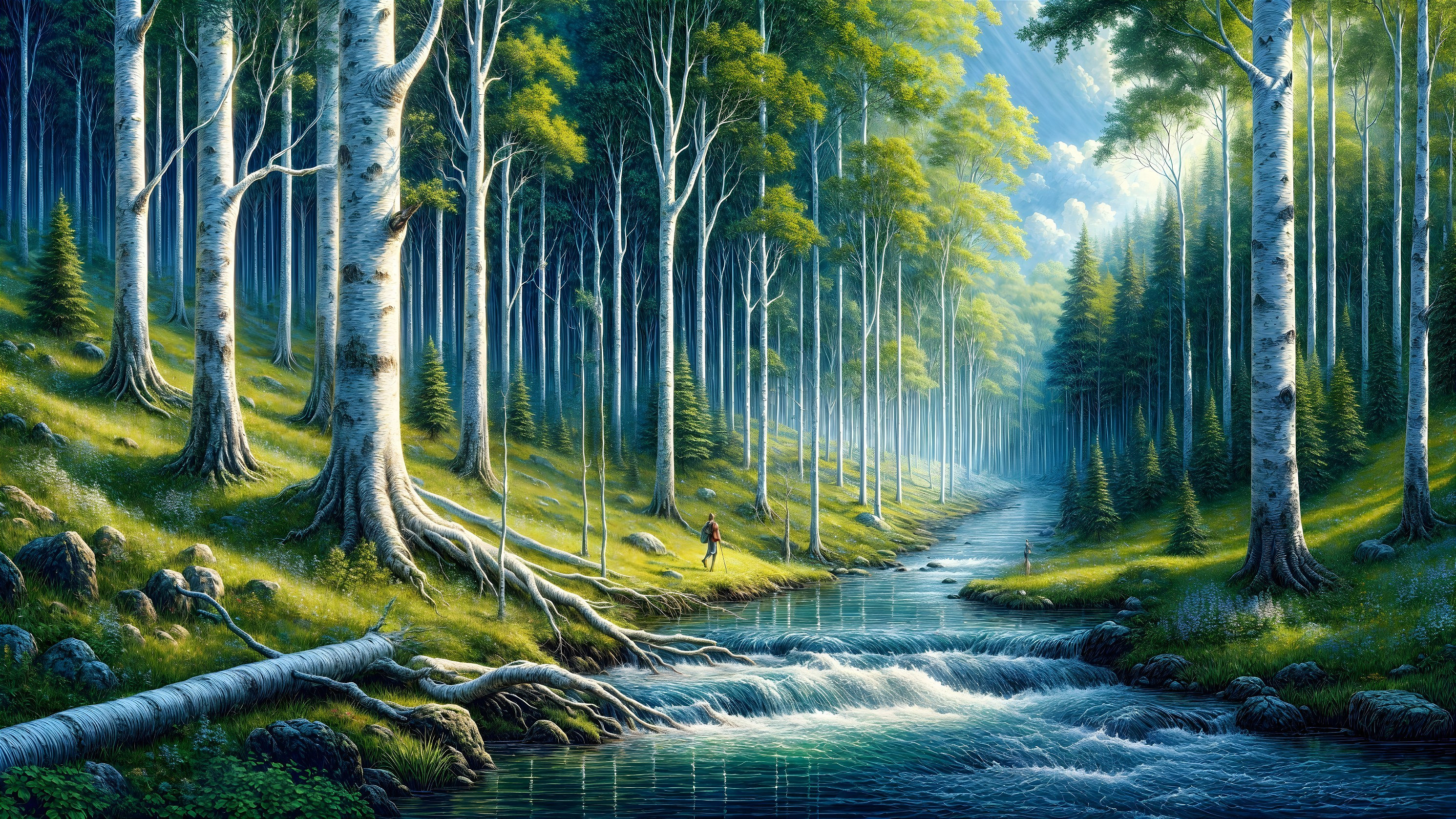 Serene forest landscape with trees and a gentle stream