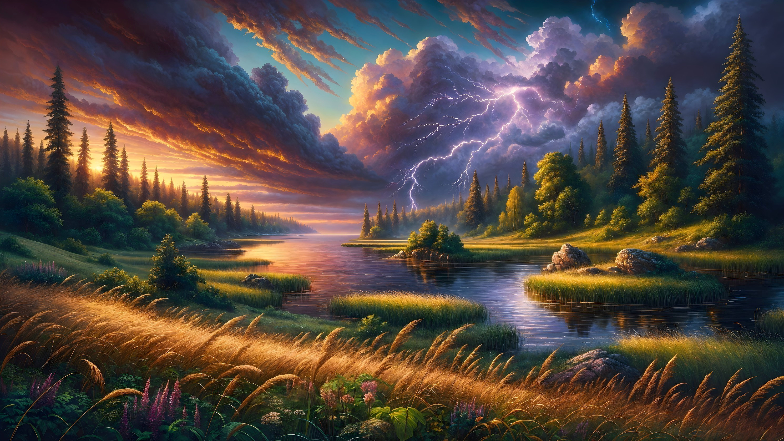 Serene lake landscape with dramatic sunset and greenery