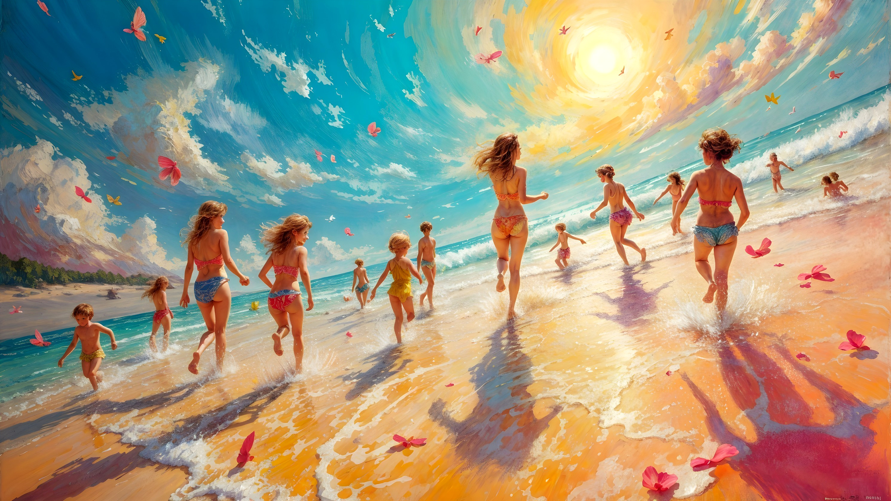 Vibrant beach scene with young women by the ocean