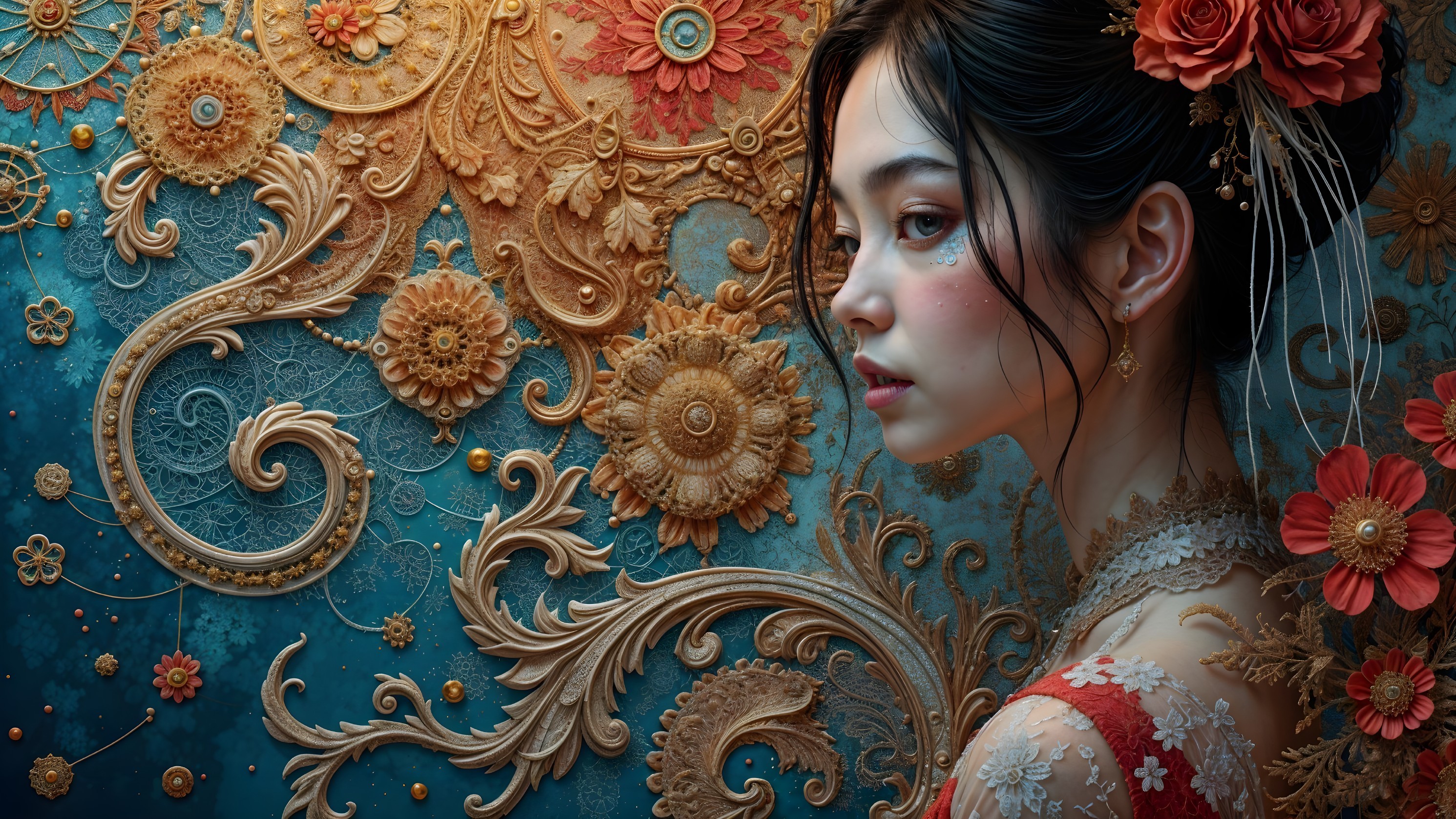 Young Woman with Jewelry in Floral Background