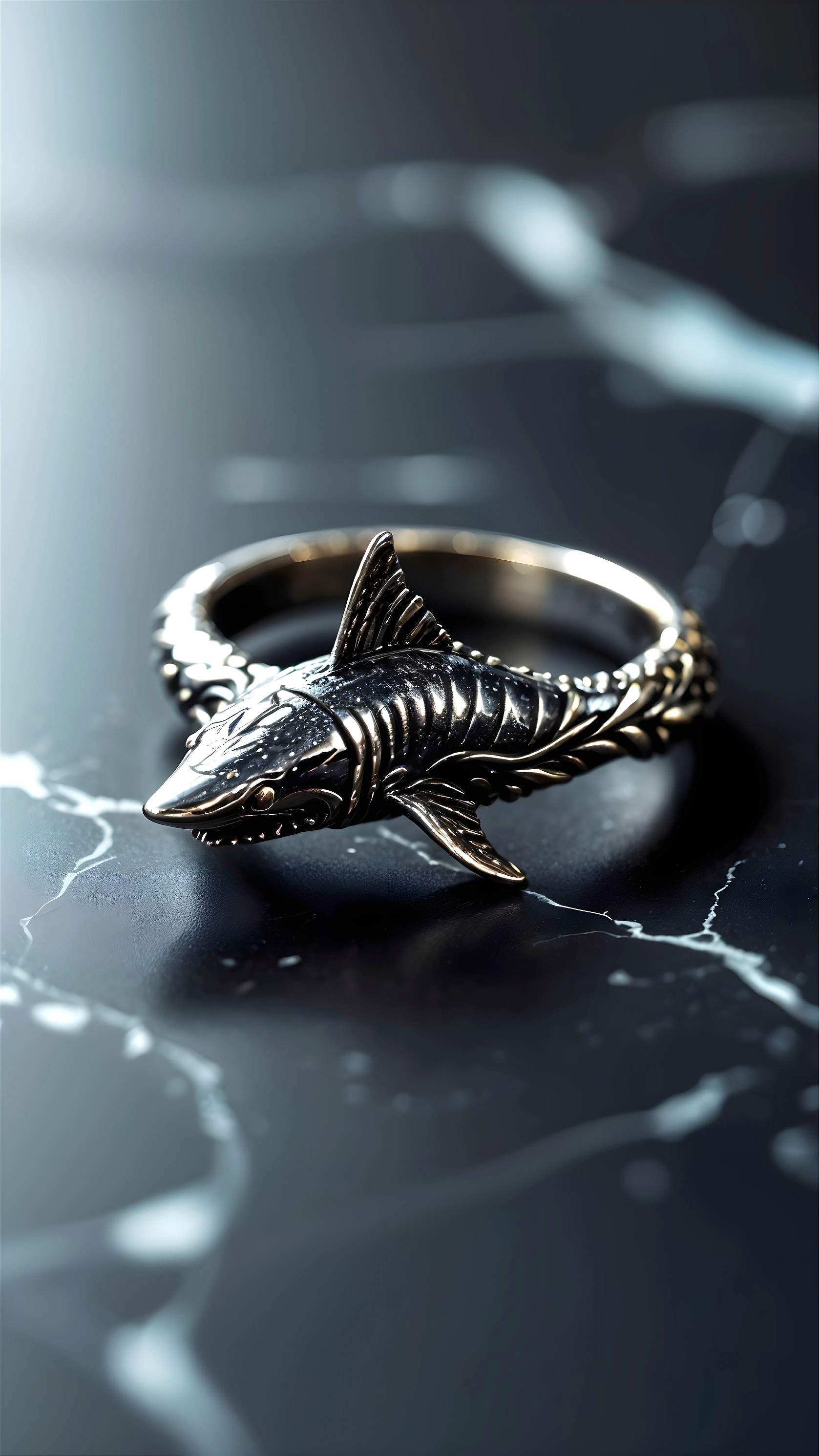 Shark-shaped metal ring with polished finish and waves