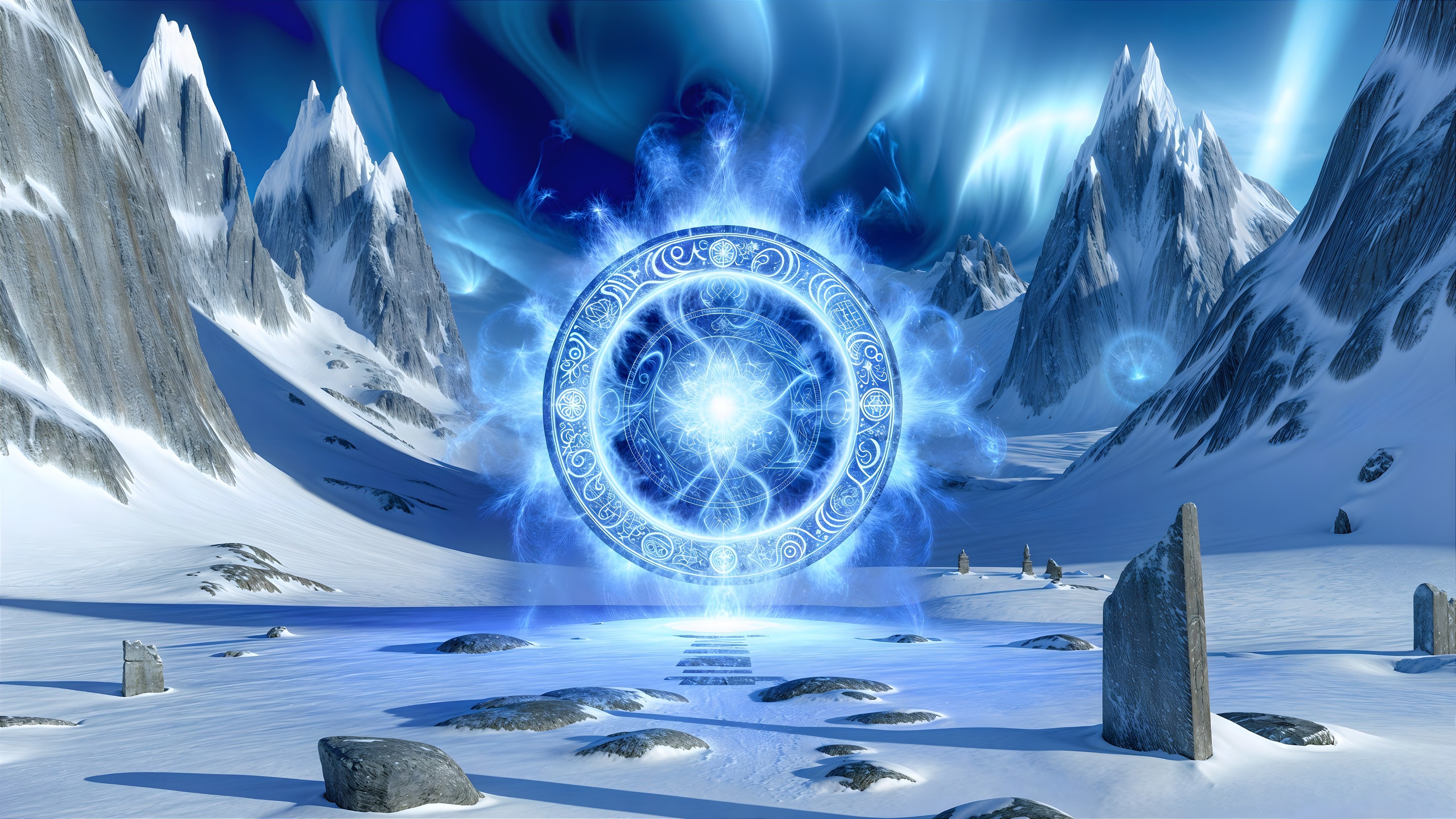Mystical Snowy Landscape with Glowing Blue Portal