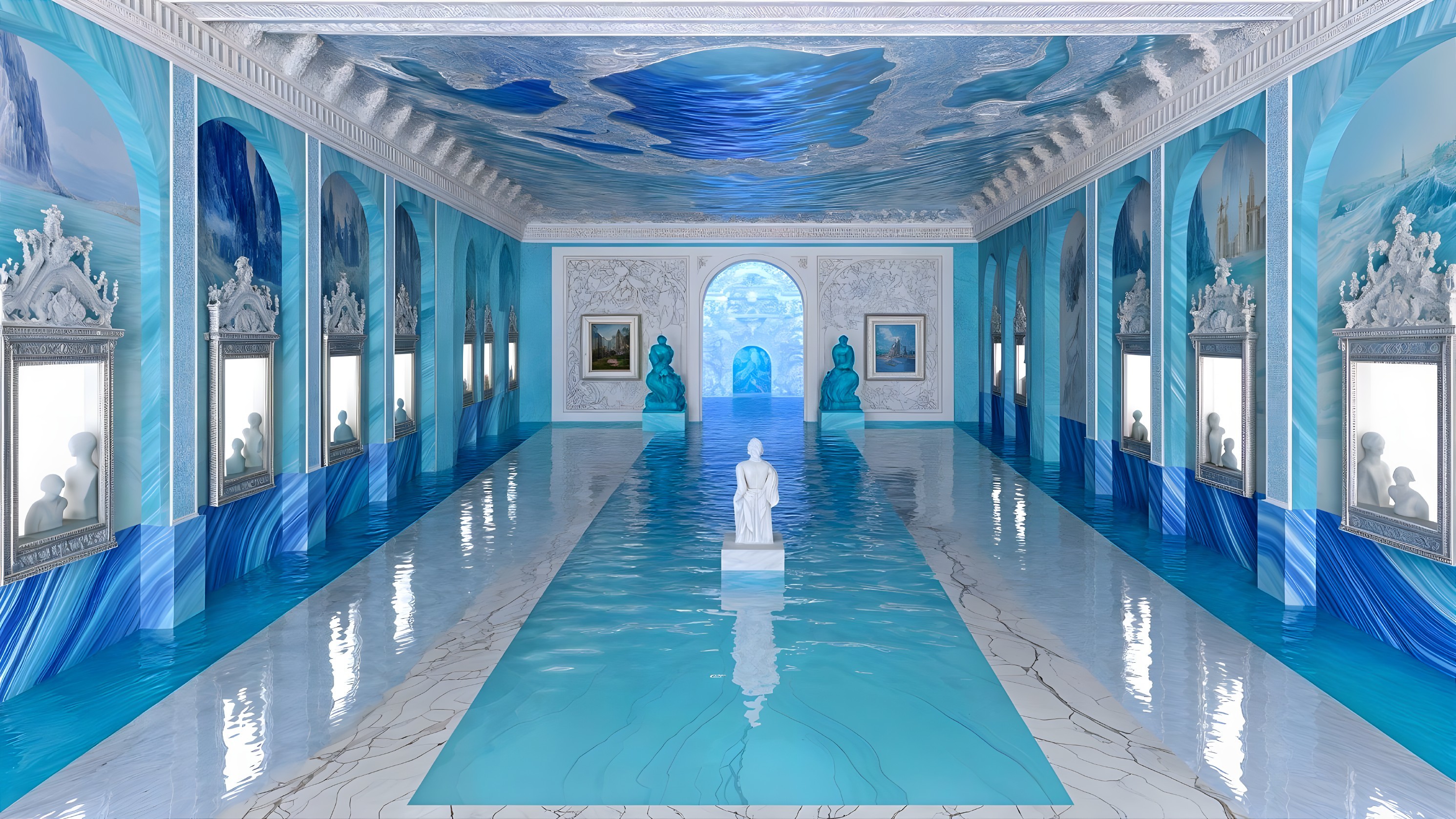 Expansive hall with blue water and ornate decorations