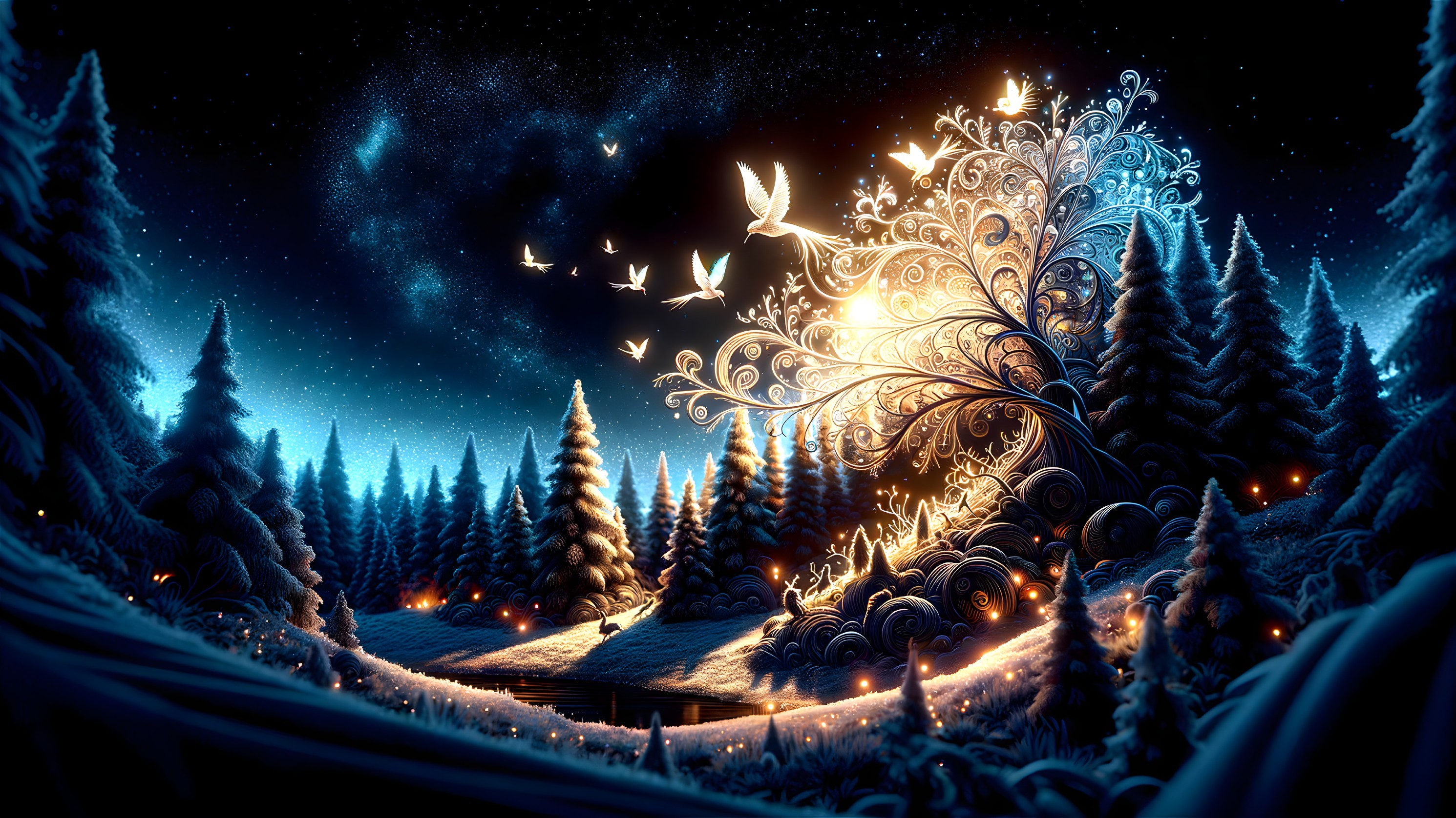 Magical Winter Landscape with Illuminated Tree and Birds
