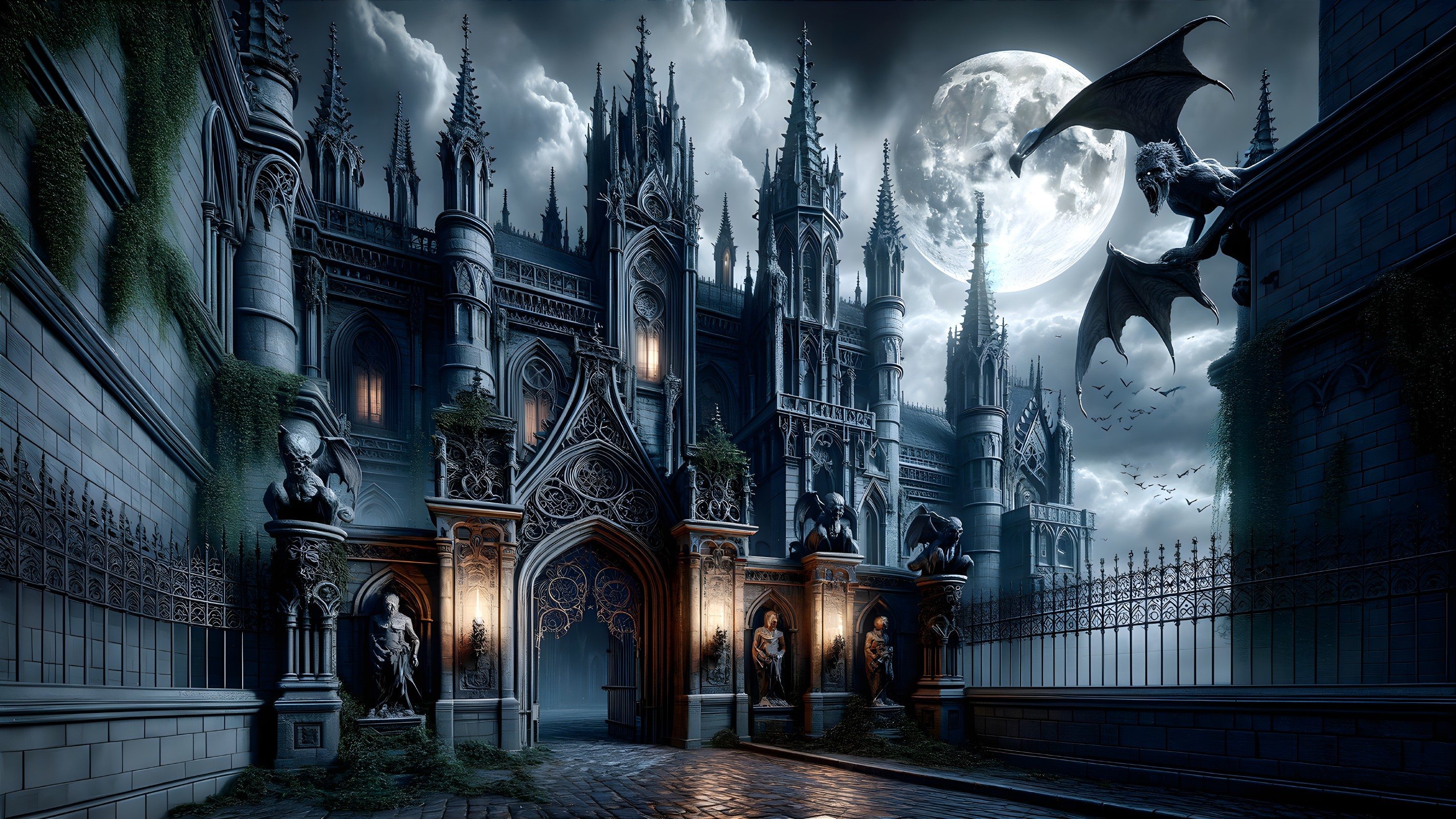 Gothic Castle Under Full Moon with Eerie Shadows