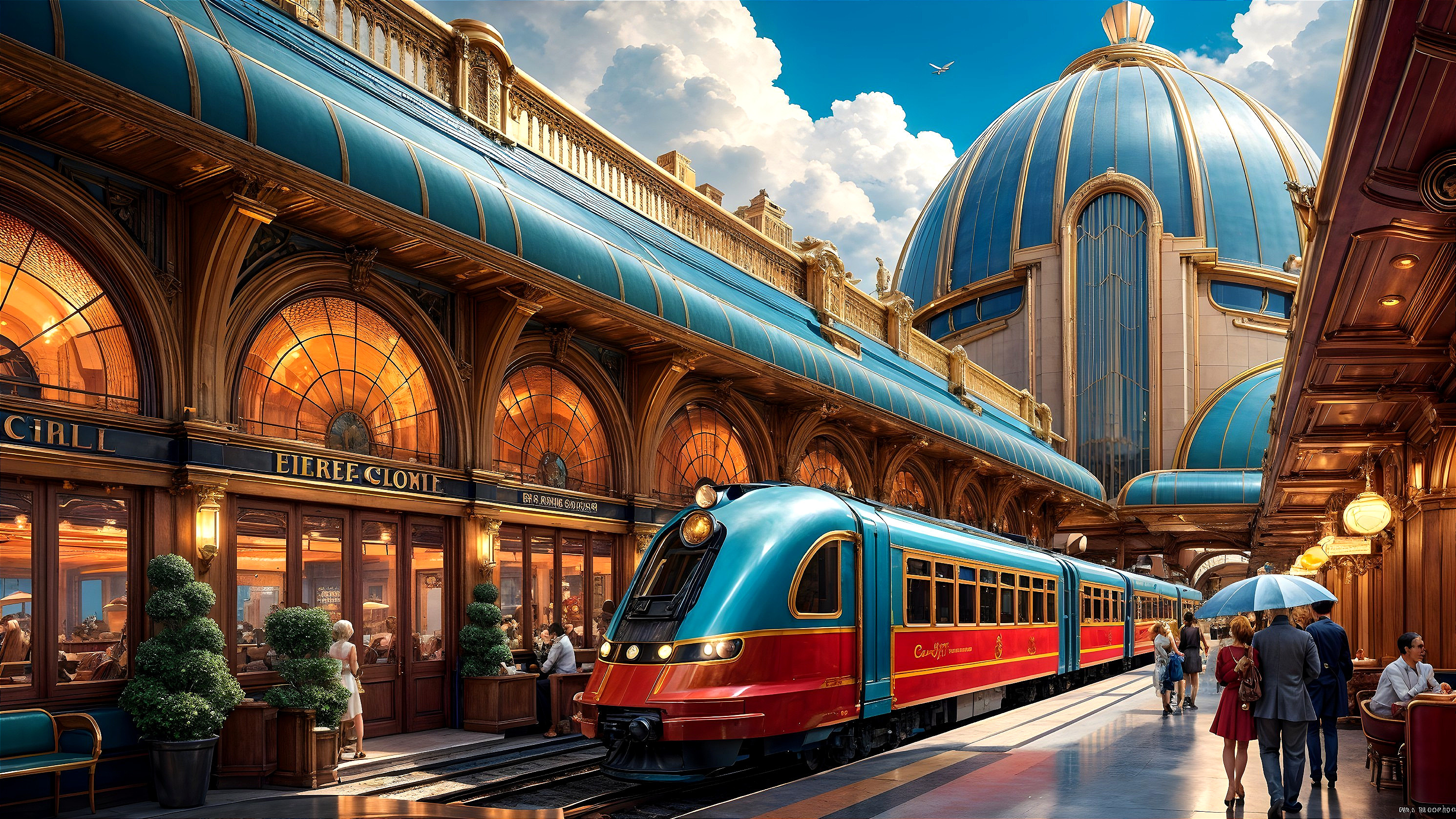 Vibrant Retro Train at Grand Architectural Station