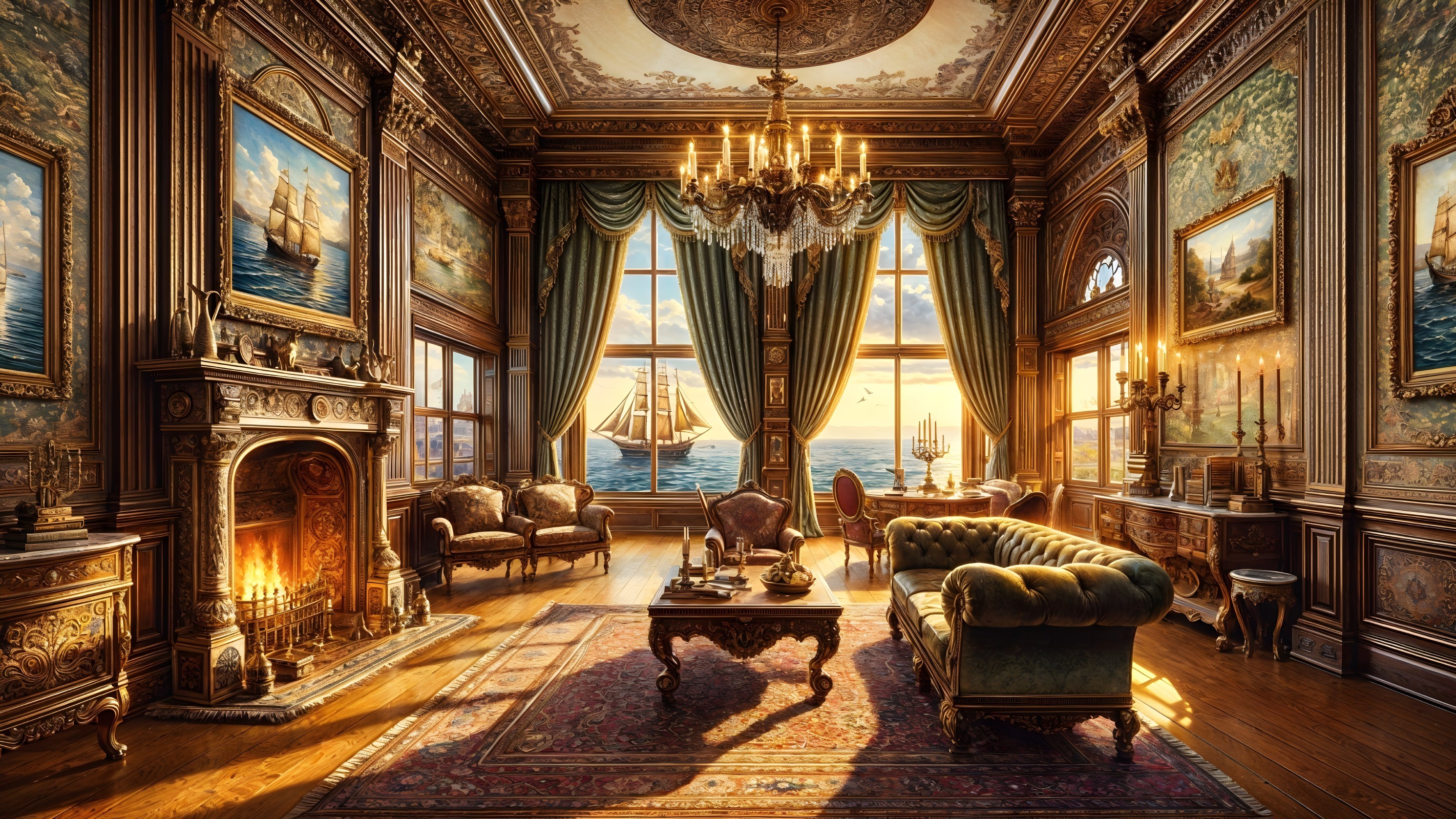Opulent vintage room with wooden paneling and chandelier
