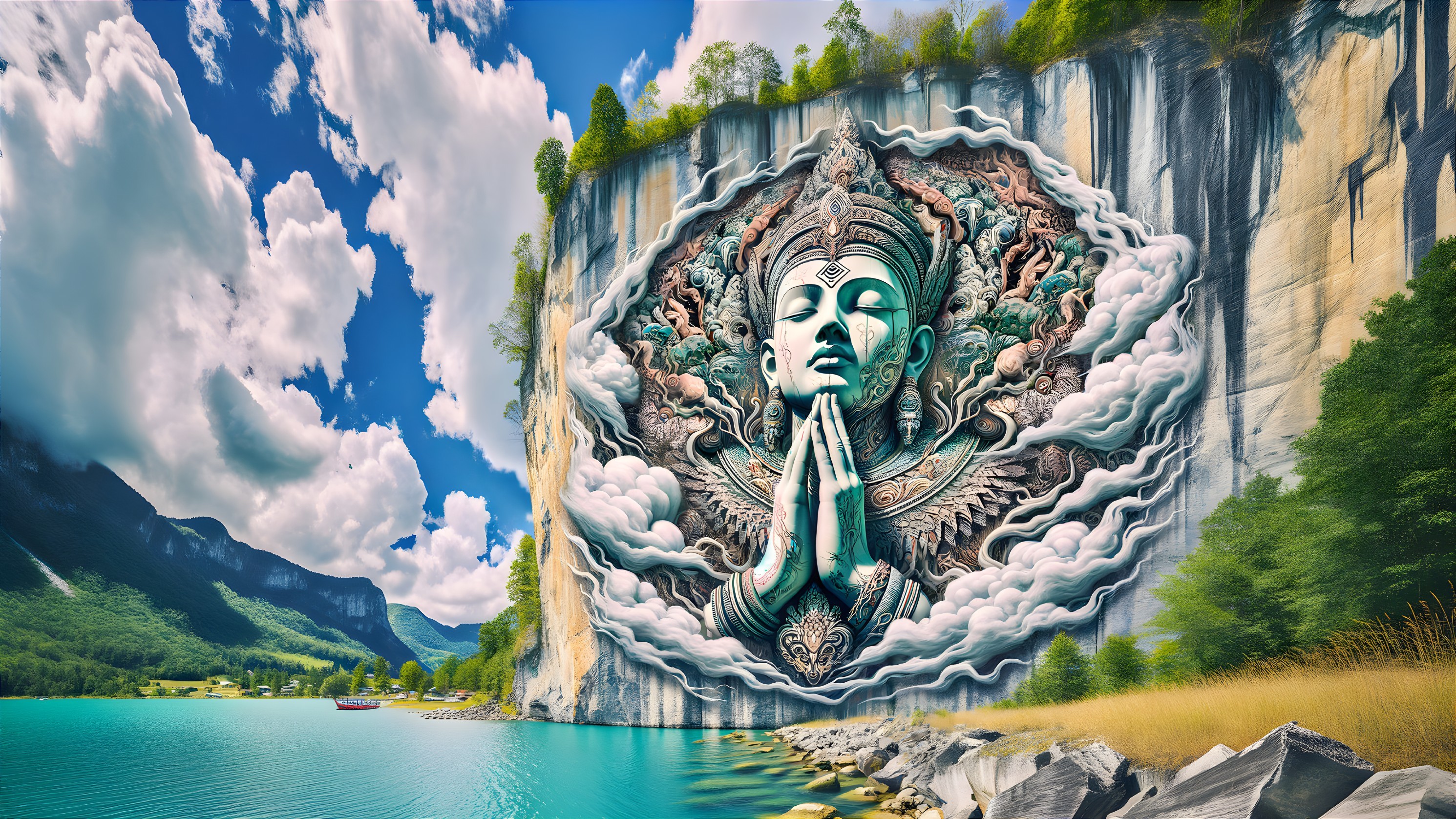 Cliffside Mural of Serene Figure and Vibrant Nature