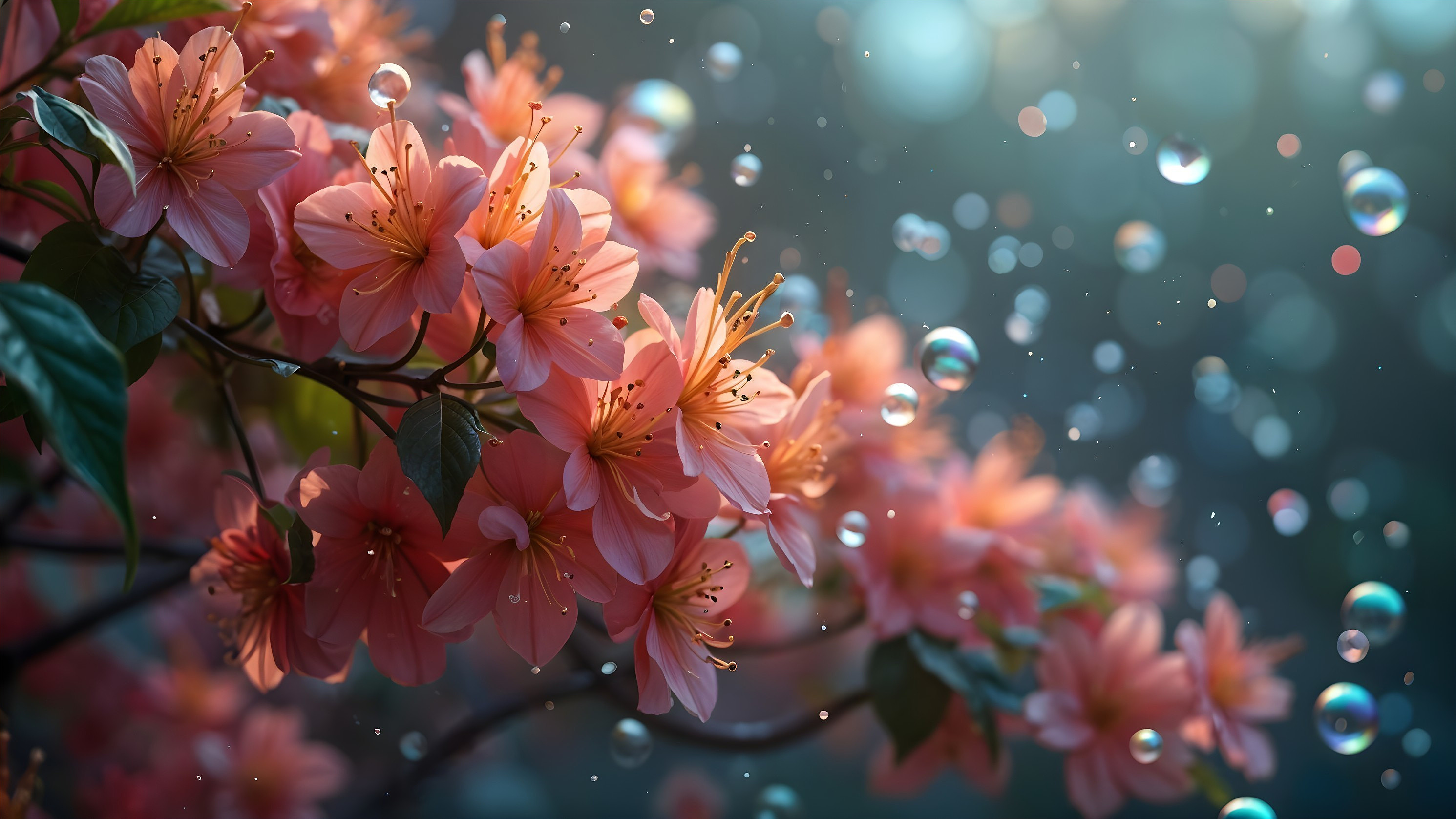 Close-Up of Delicate Pink Flowers with Water Droplets