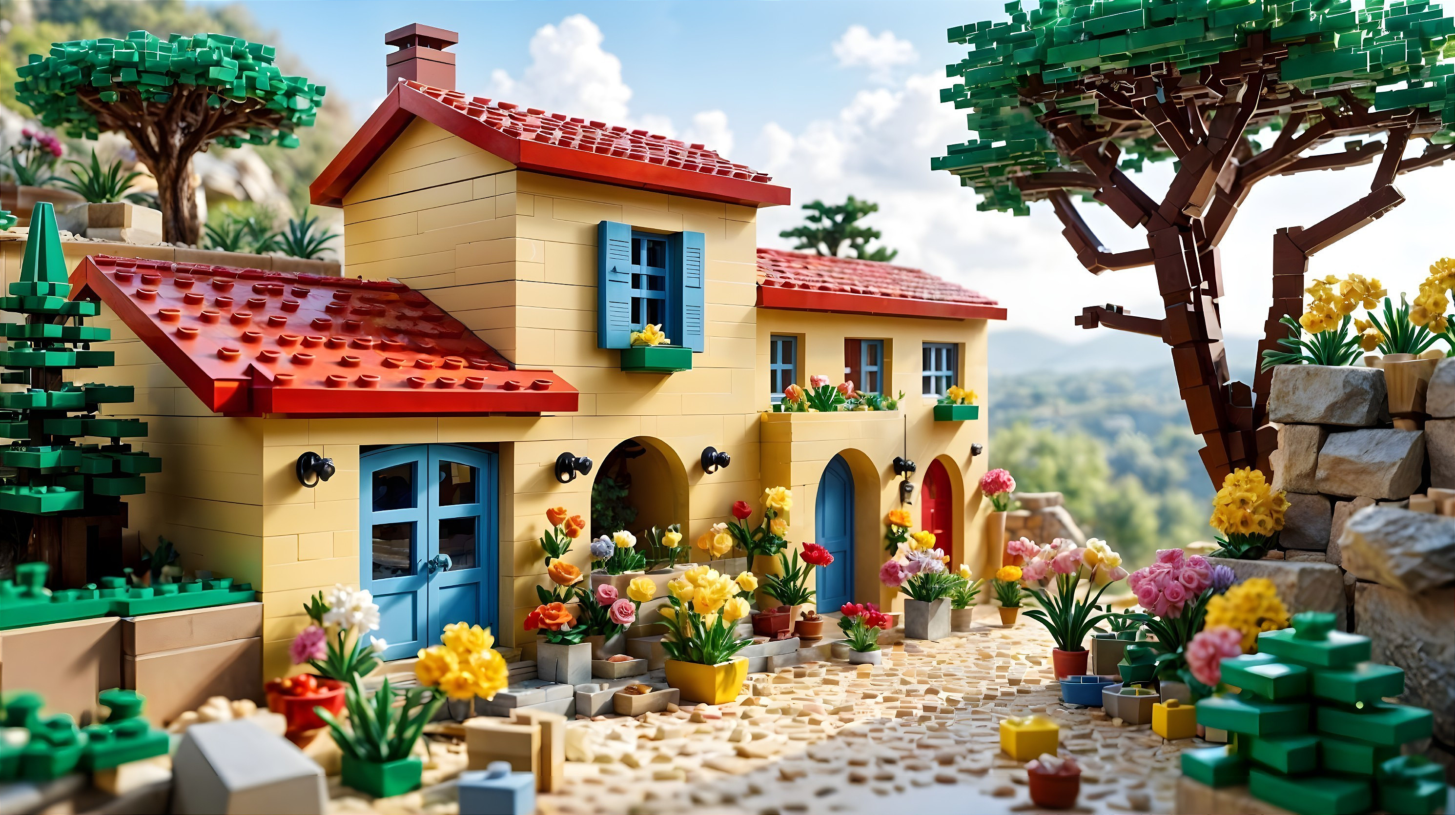 Vibrant LEGO Scene of a Two-Story House and Nature