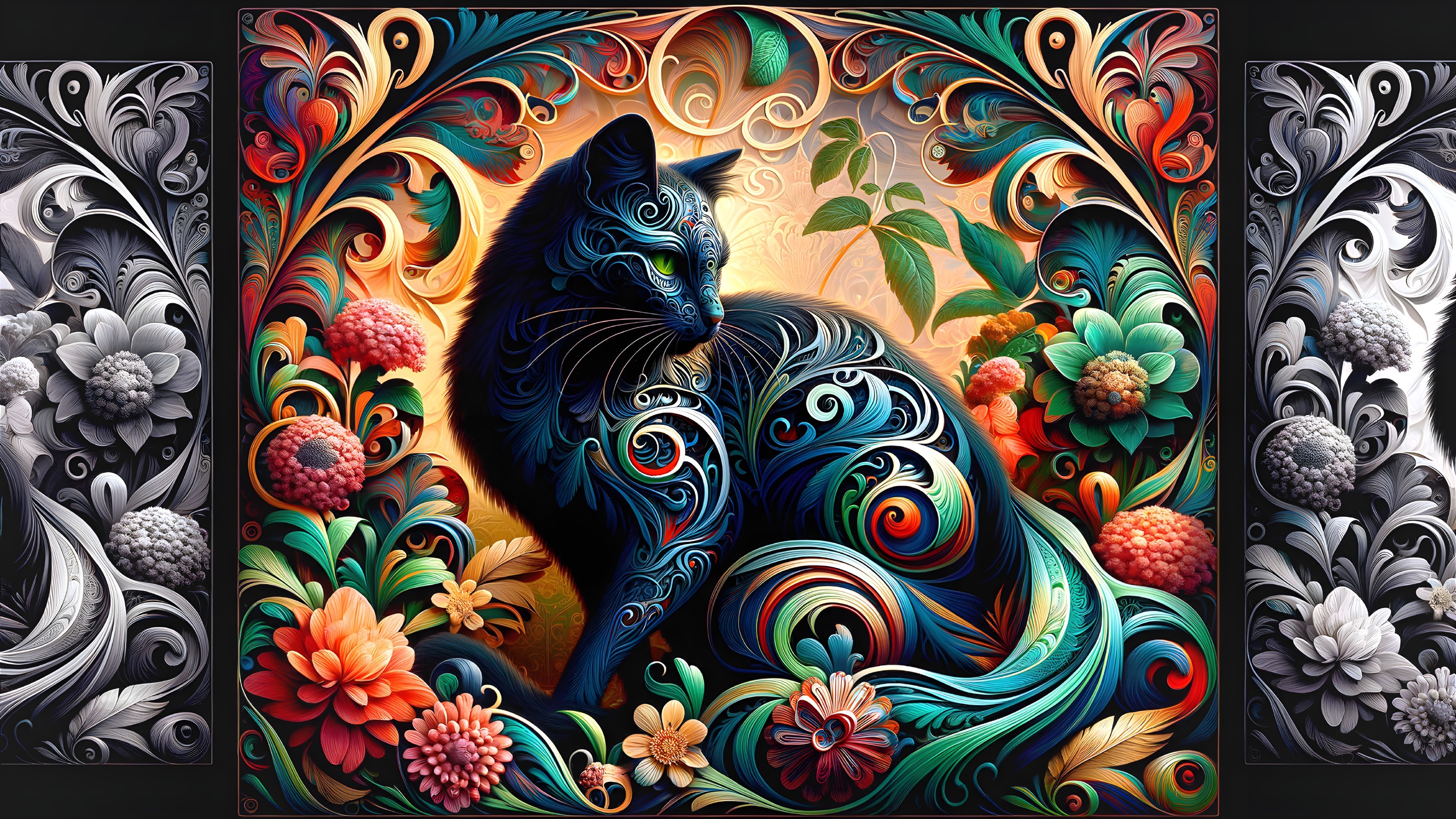 Ornate Black Cat Surrounded by Vibrant Floral Patterns