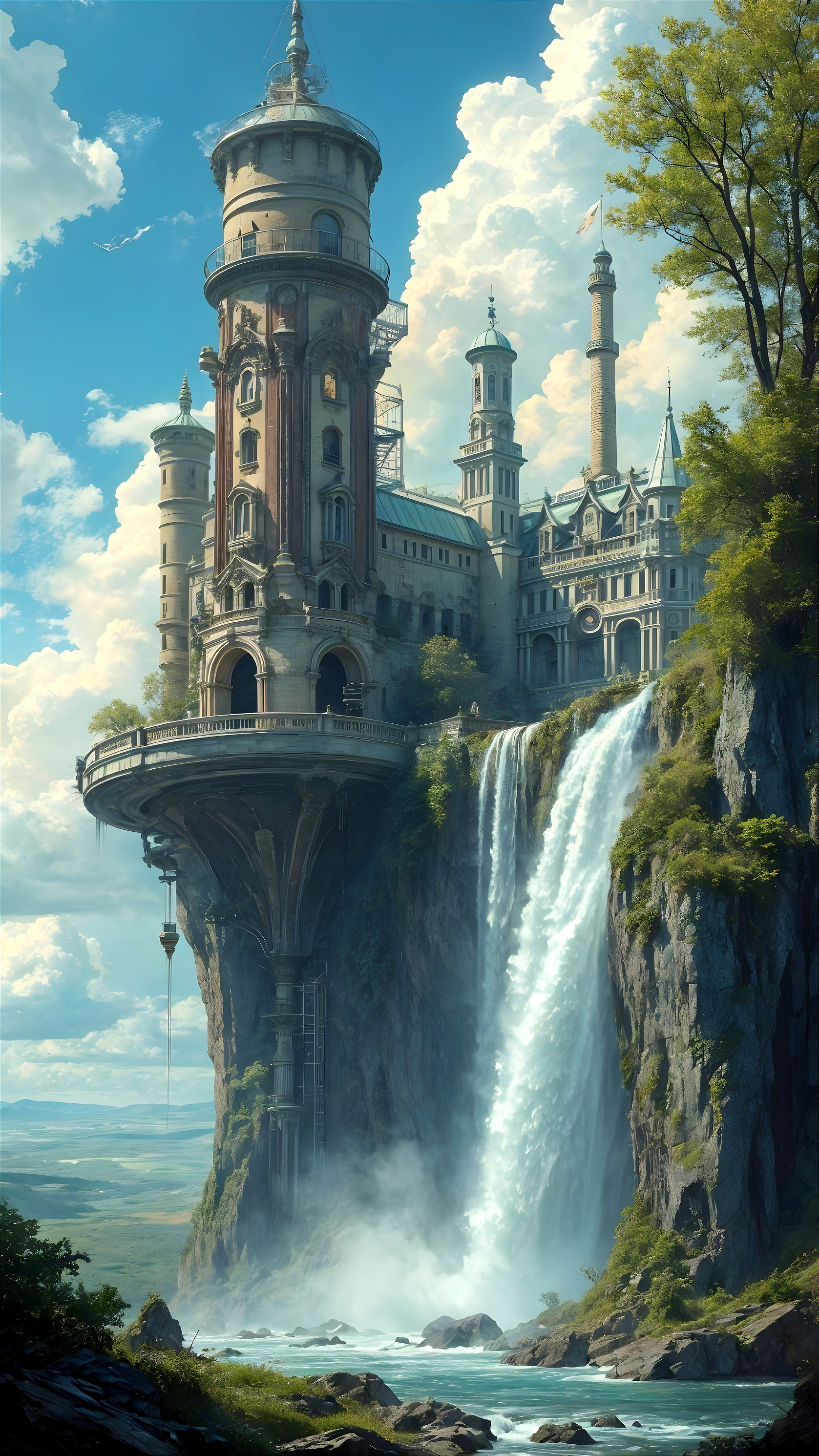 Castle on a Cliff Surrounded by Nature and Waterfall