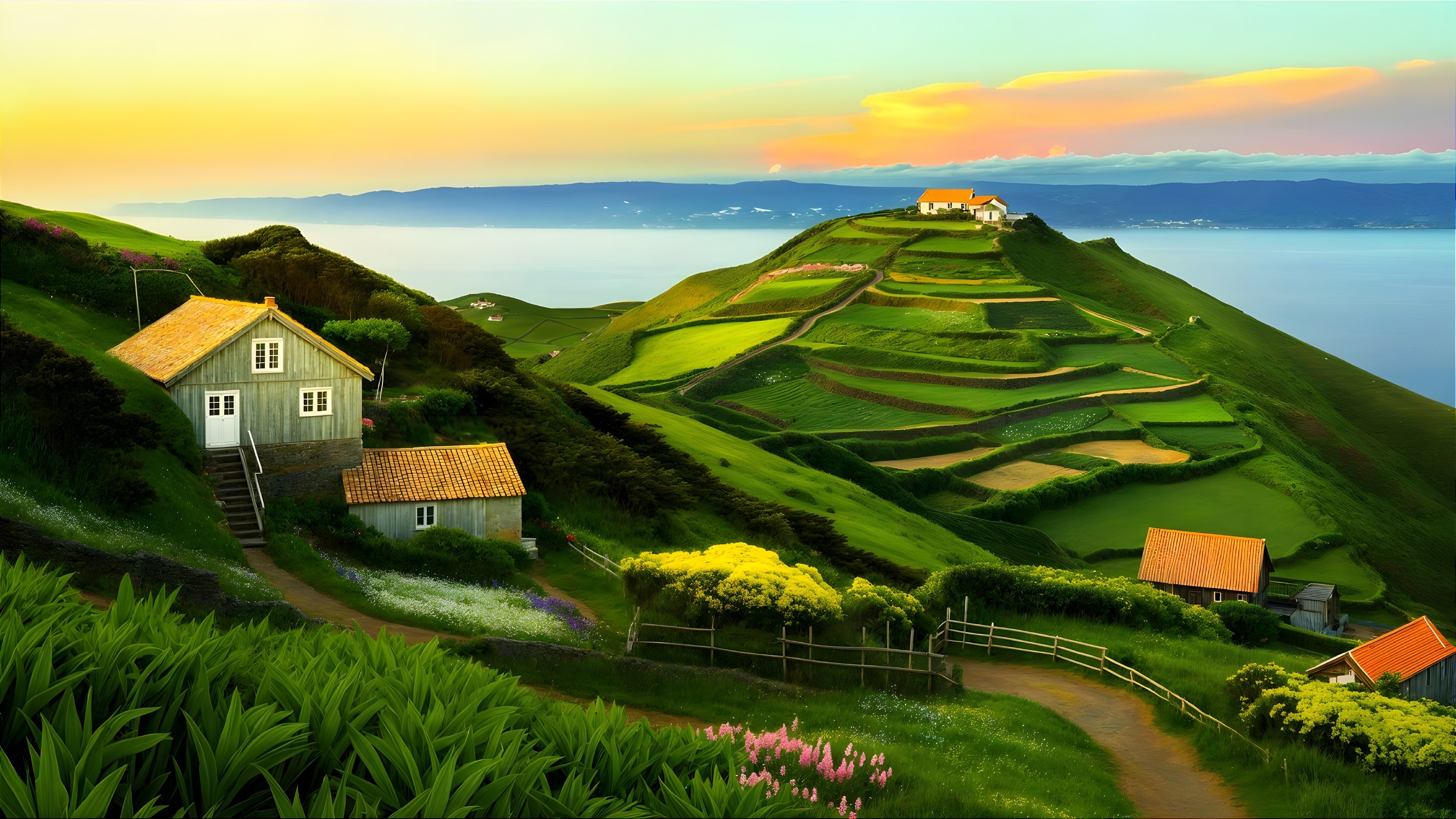 Lush Green Hills and Terraced Fields by Tranquil Sea