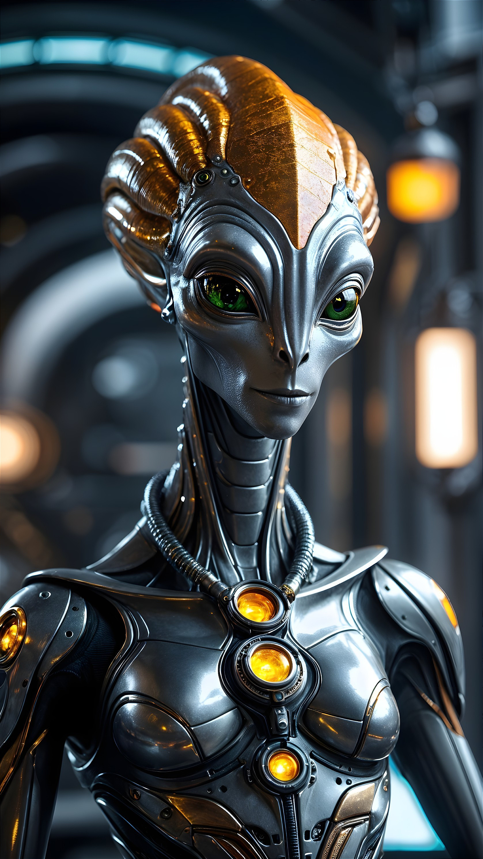 Futuristic Alien Figure in High-Tech Environment