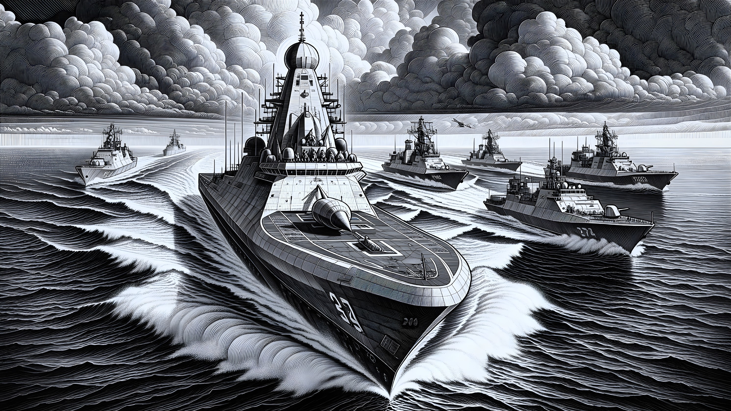 Dramatic Black-and-White Illustration of Warships