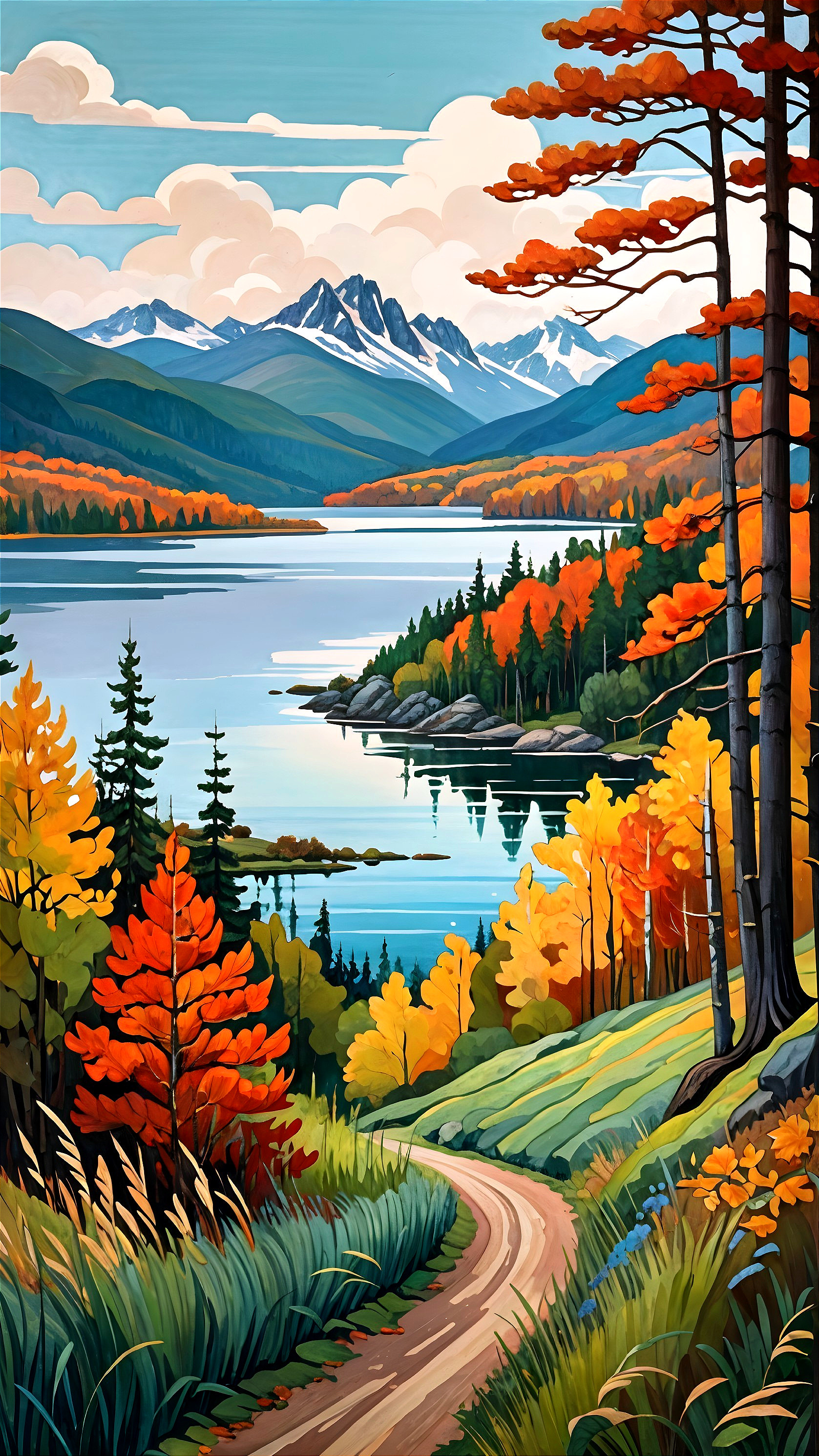 Vibrant Autumn Landscape with Serene Lake and Mountains