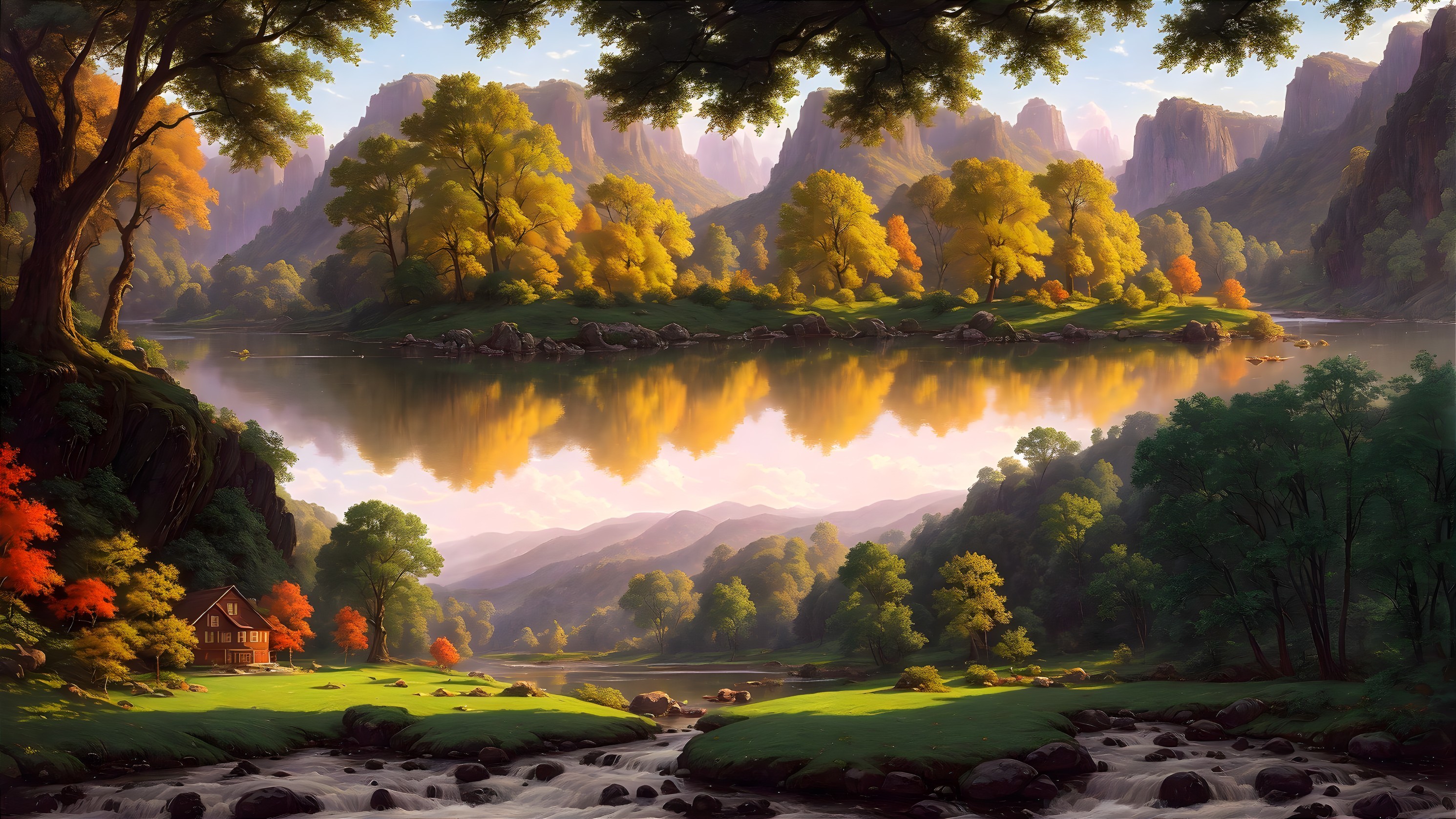 Tranquil Lake with Autumn Foliage and Mountains