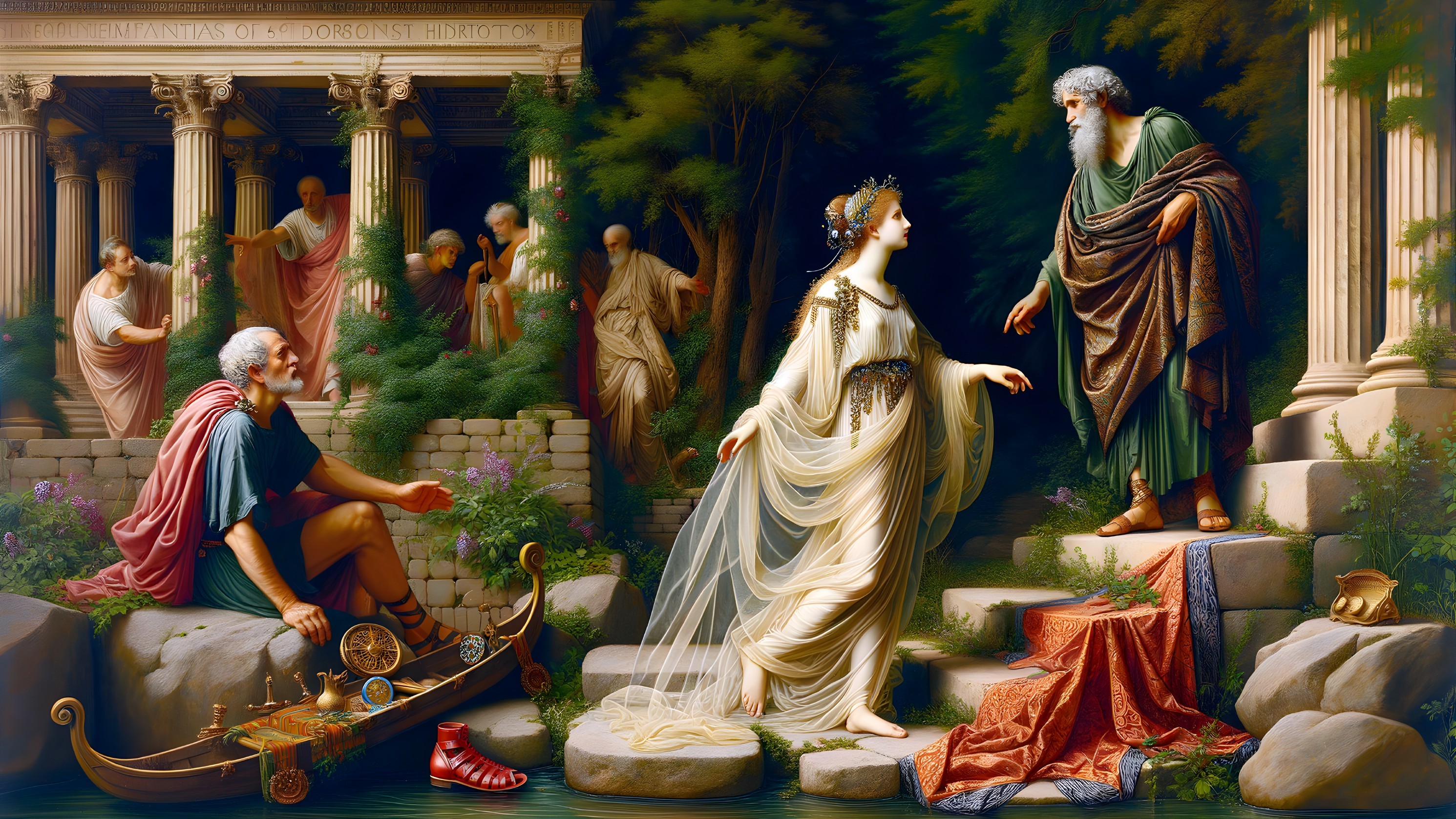 Classical Riverbank Scene with Regal Woman and Old Man