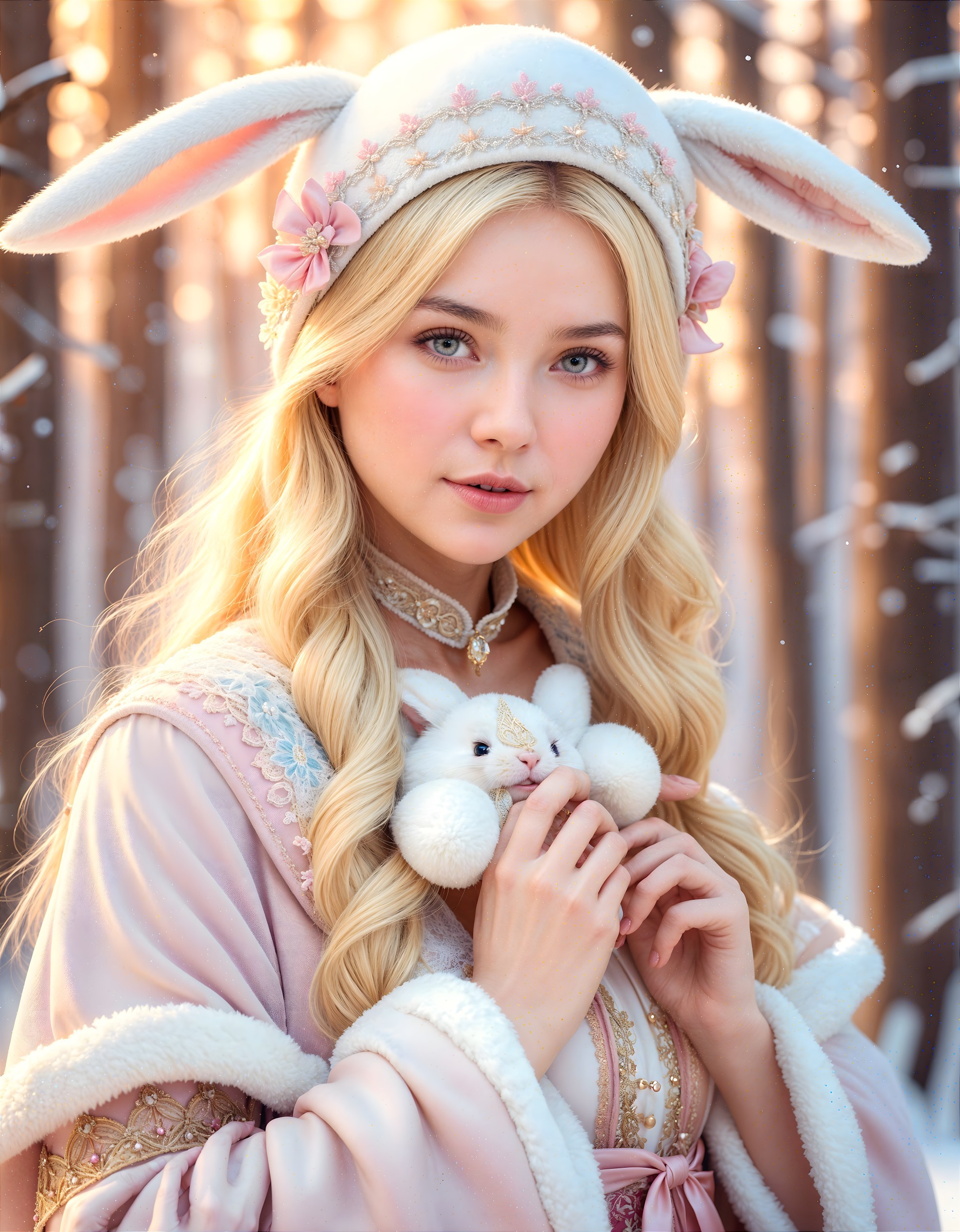 Young Woman in Floral Bunny Hat in Snowy Forest