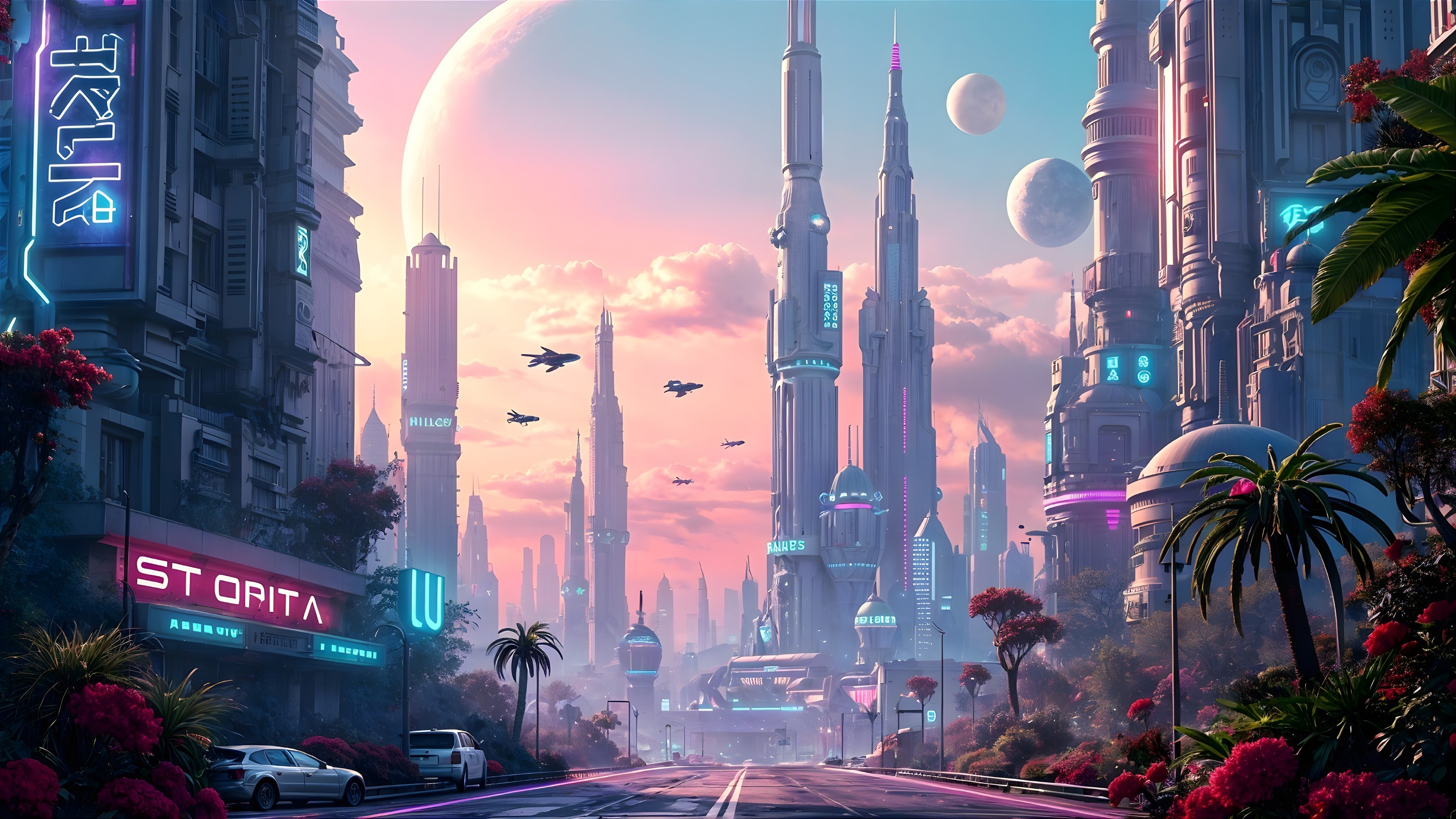 Futuristic cityscape with neon lights and flying vehicles