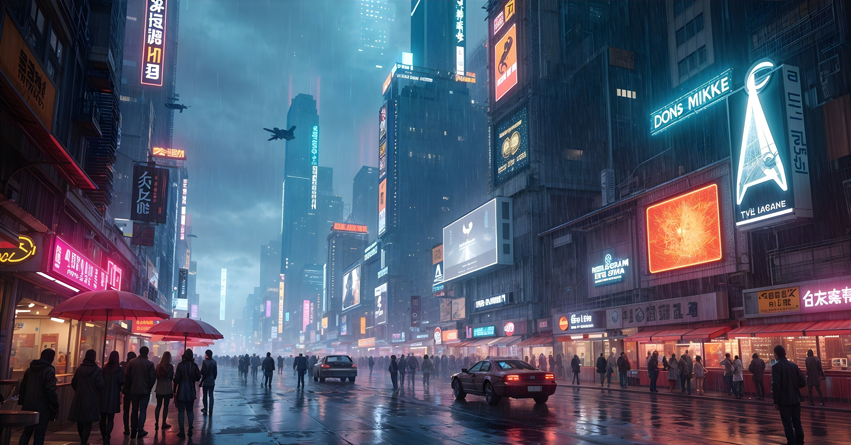 Urban Night Scene with Neon Lights and Rain