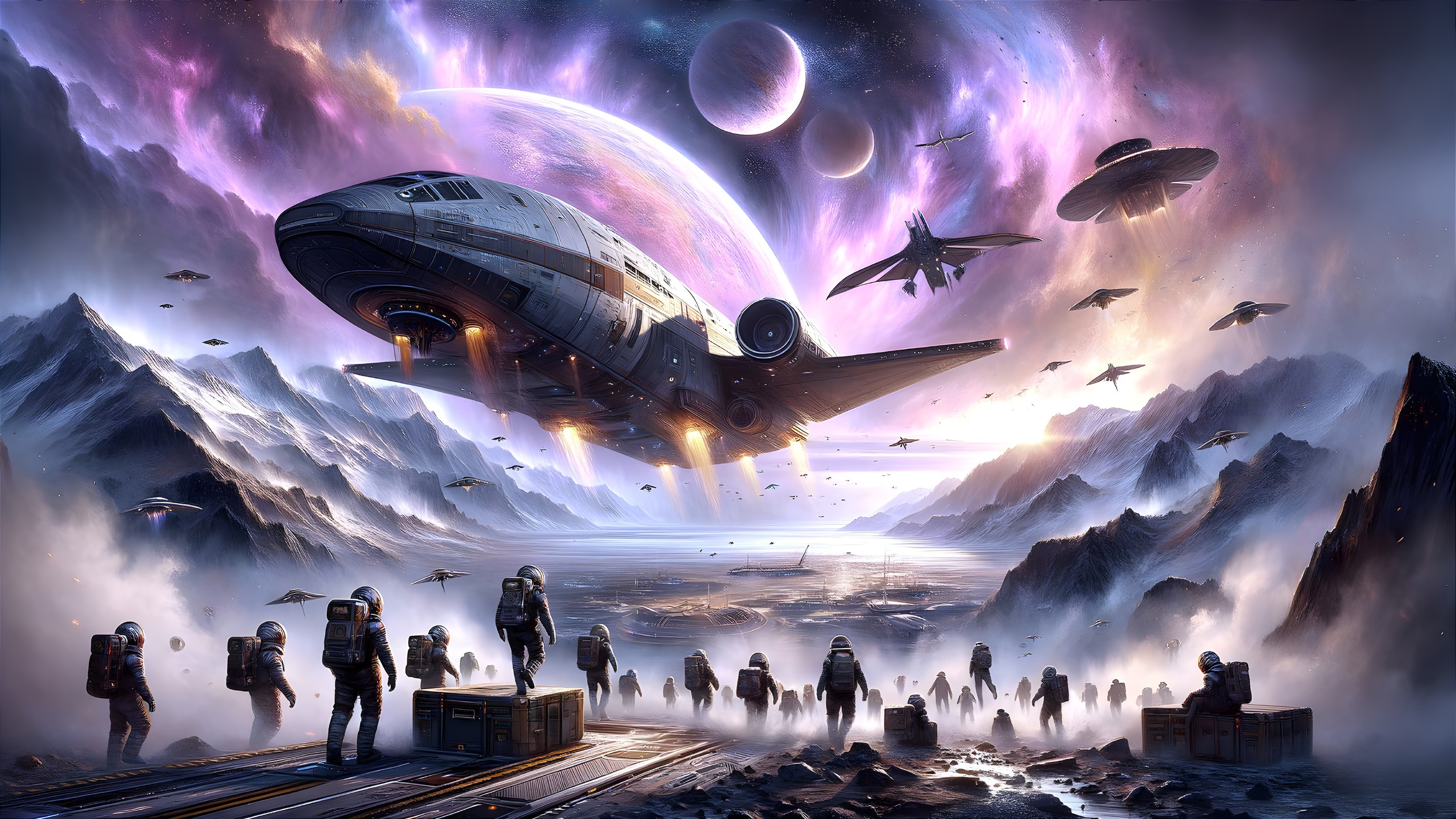 Cosmic Landscape with Spaceships and Astronauts