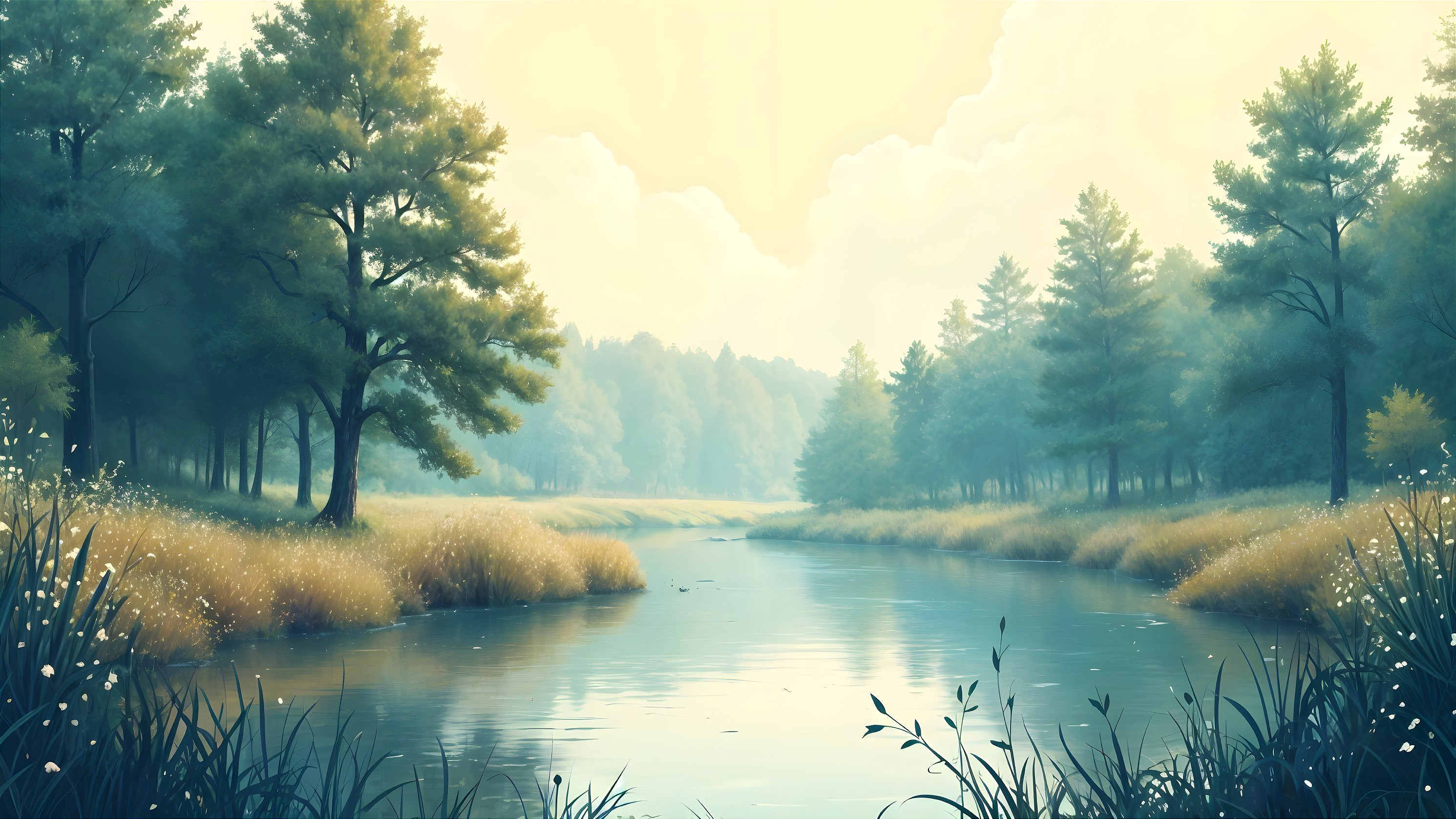 Tranquil River Landscape with Lush Greenery and Trees