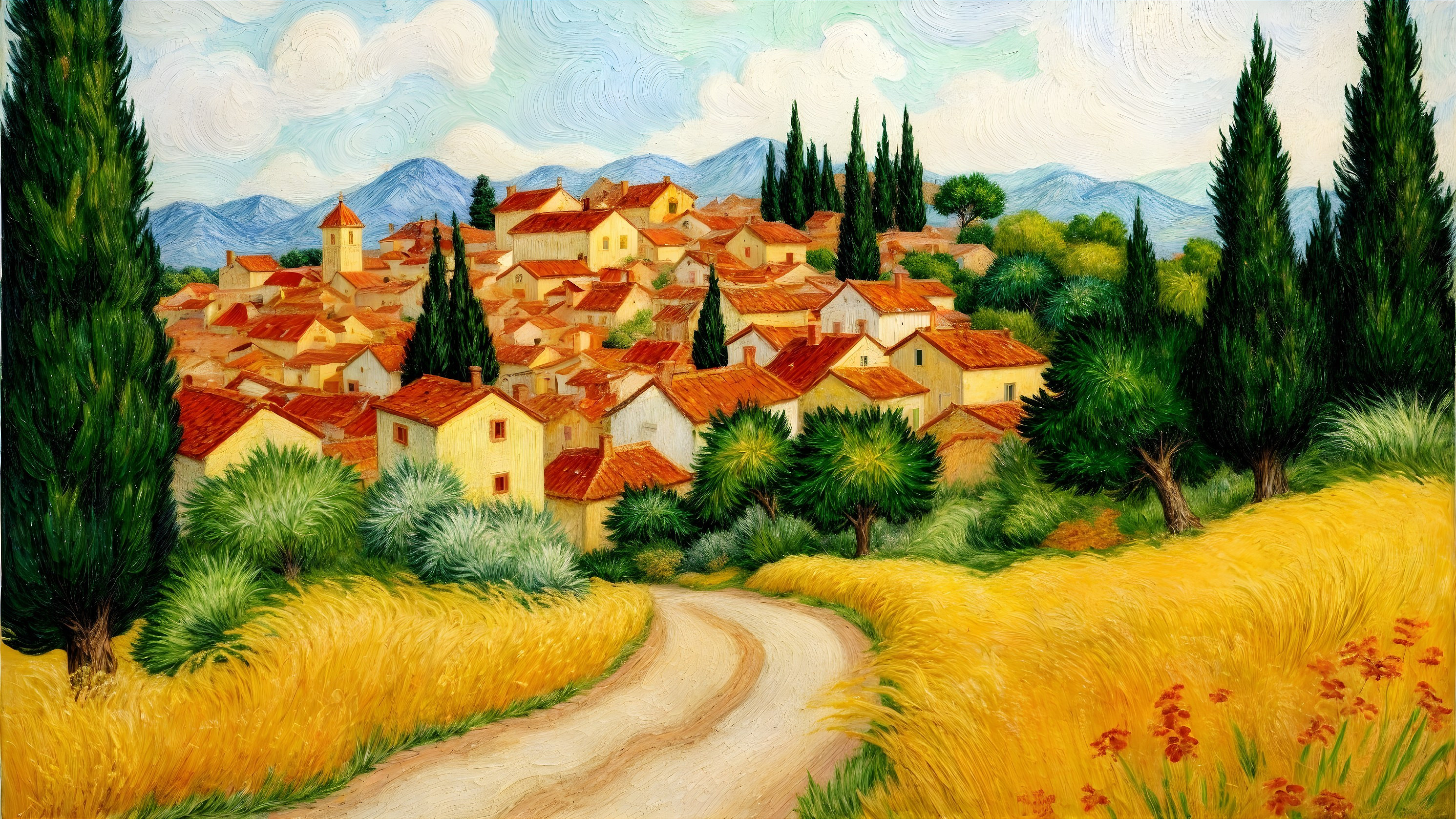 Quaint Village Surrounded by Rolling Hills and Trees