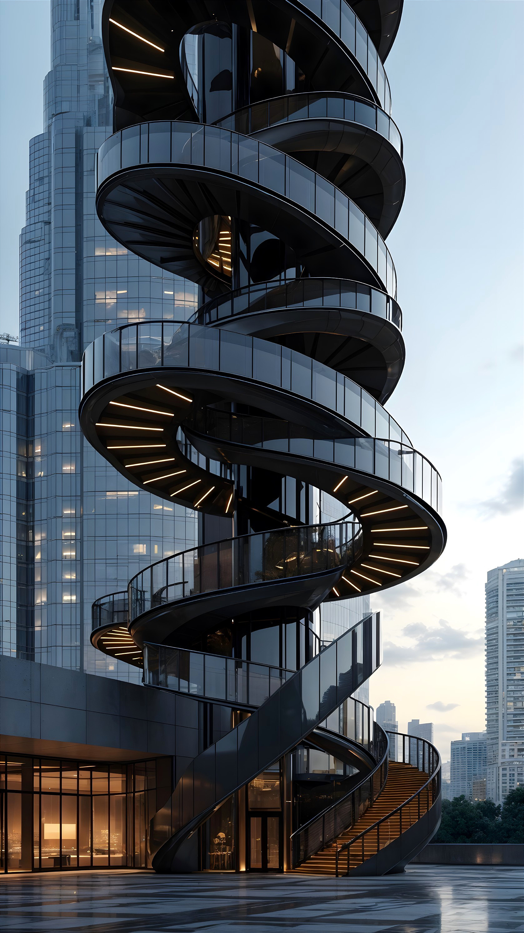 Spiral Staircase and Modern Building Facade Overview