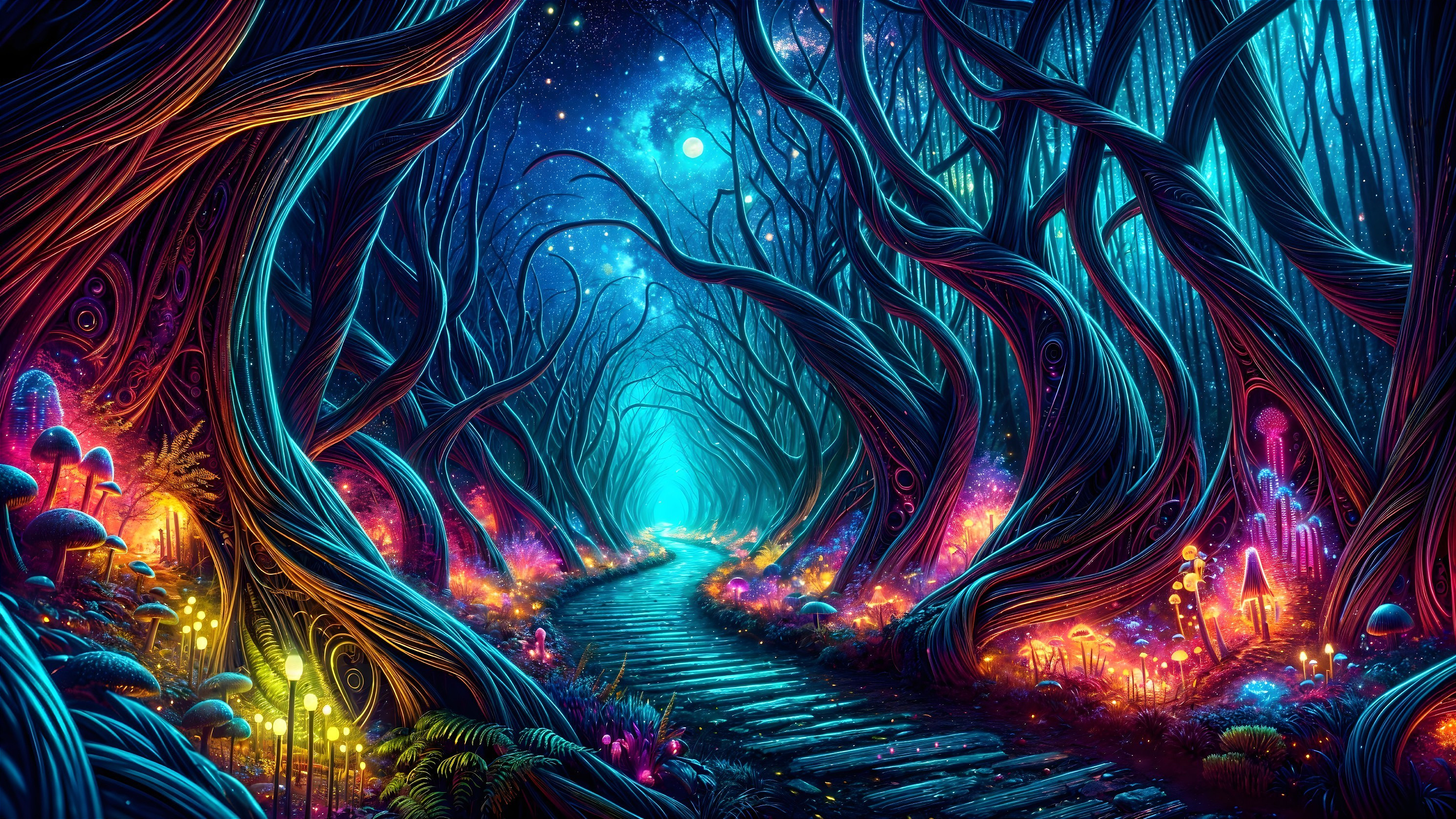 Whimsical Forest Path with Vibrant Trees and Glow