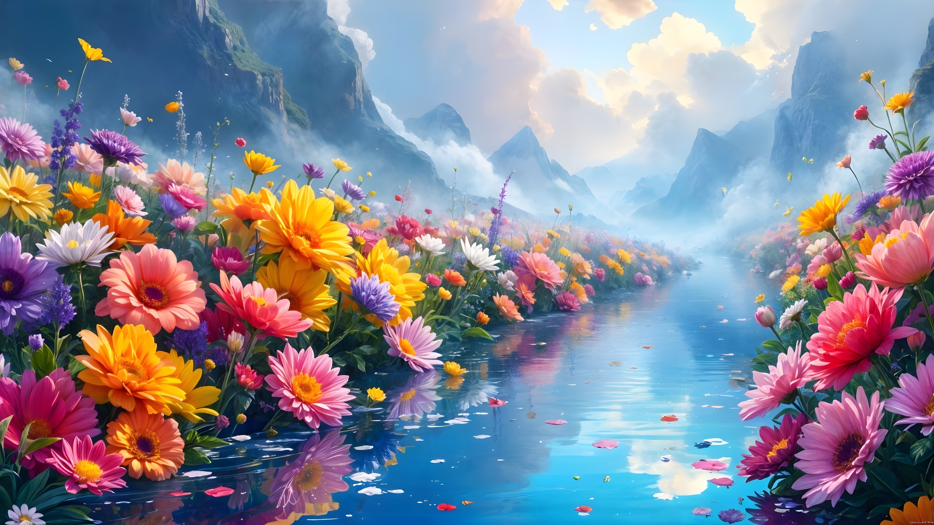 Vibrant Flower Landscape with Serene River and Mountains