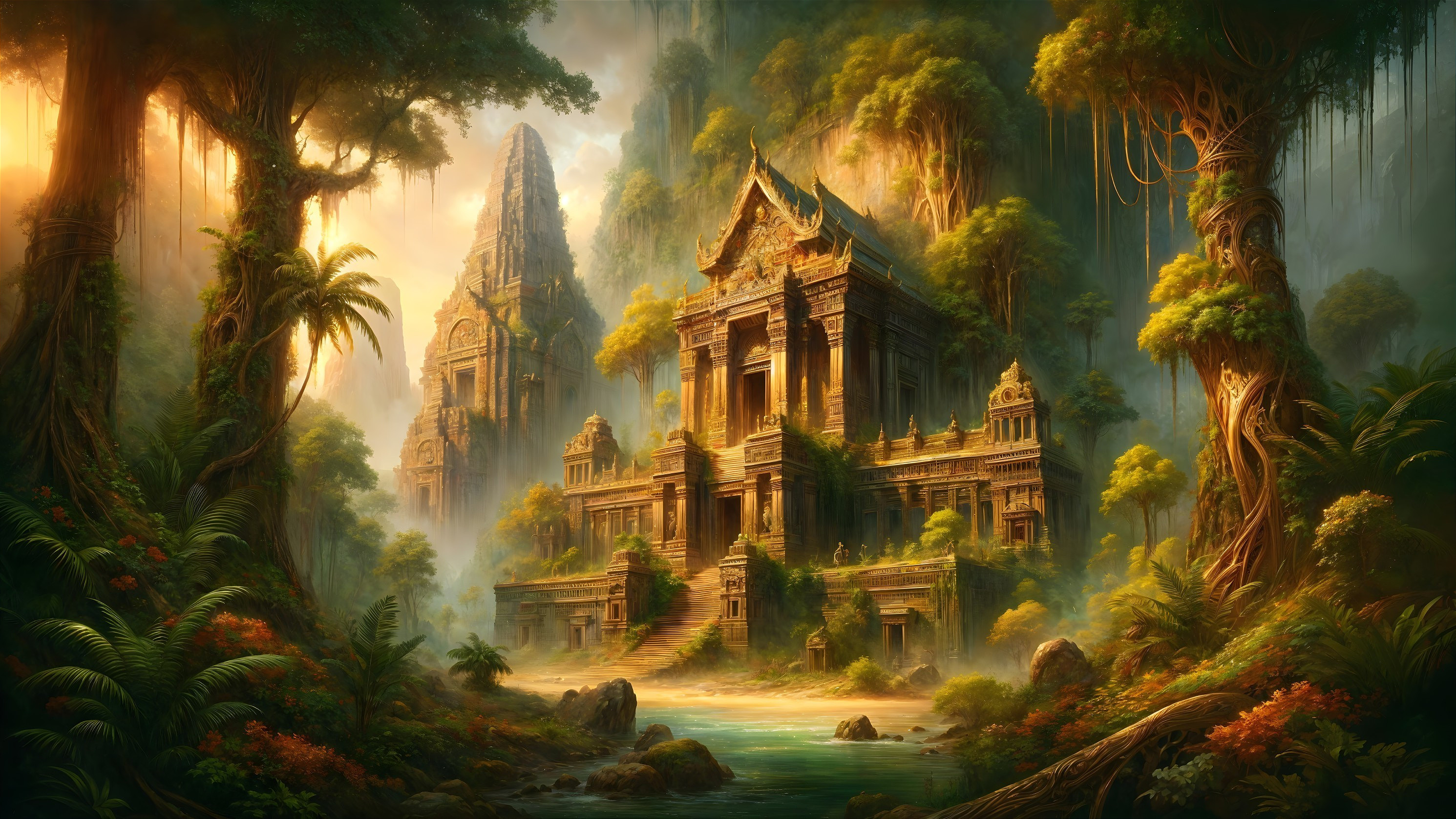 Ancient Temple Surrounded by Lush Jungle and River
