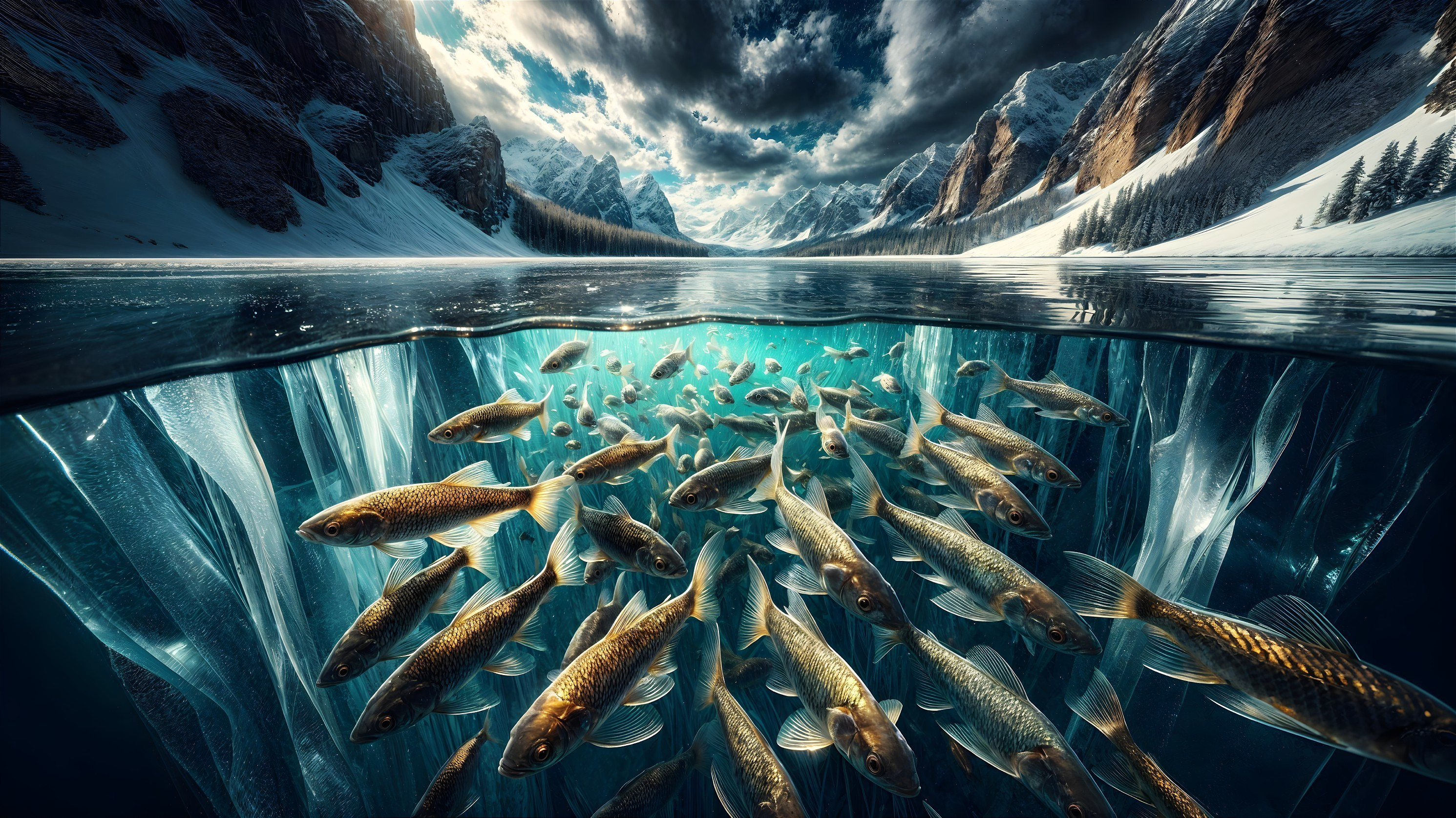 Golden Fish in Pristine Mountain Lake with Snow Peaks