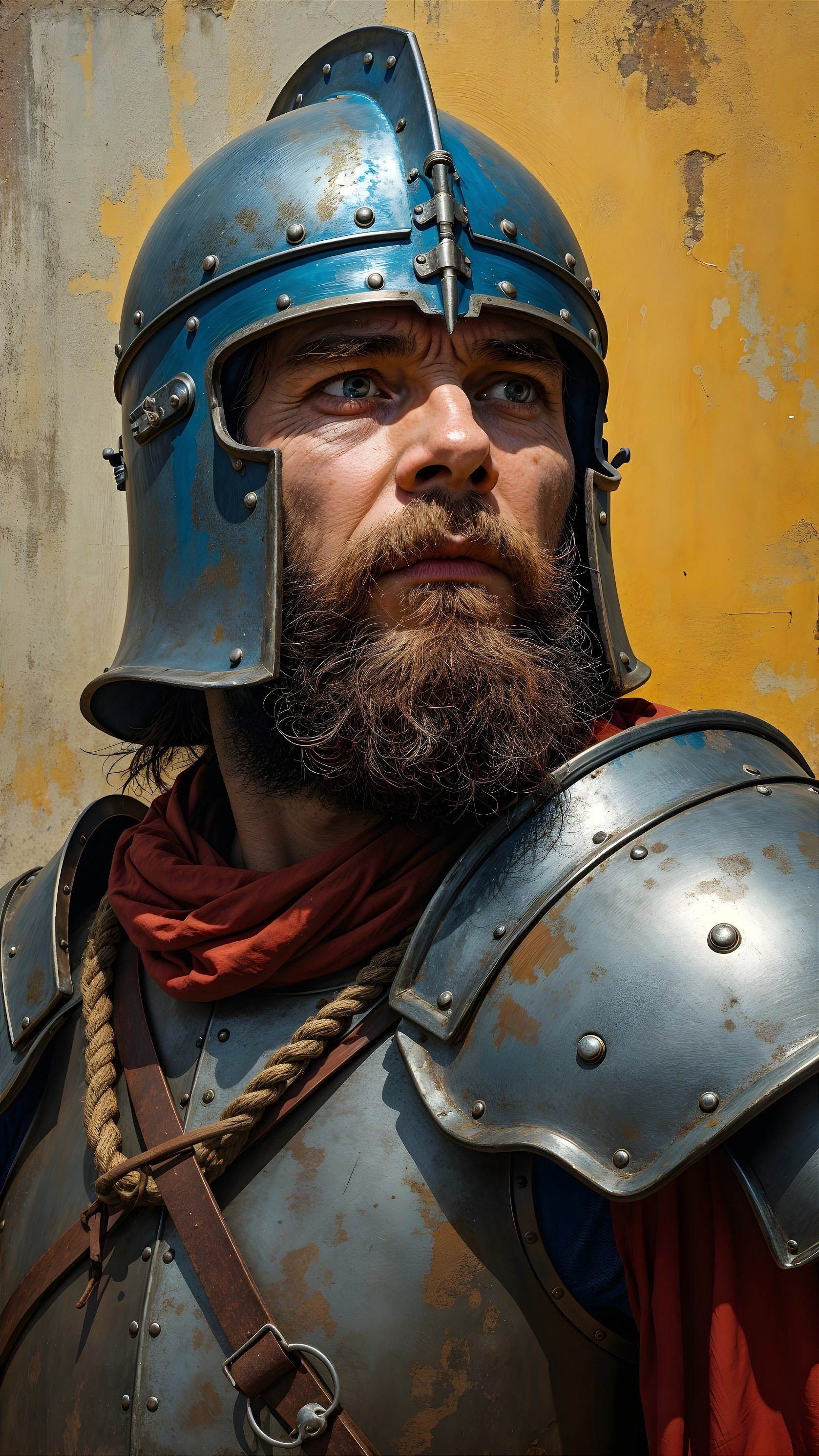 Medieval Warrior in Blue Armor with Red Cloak