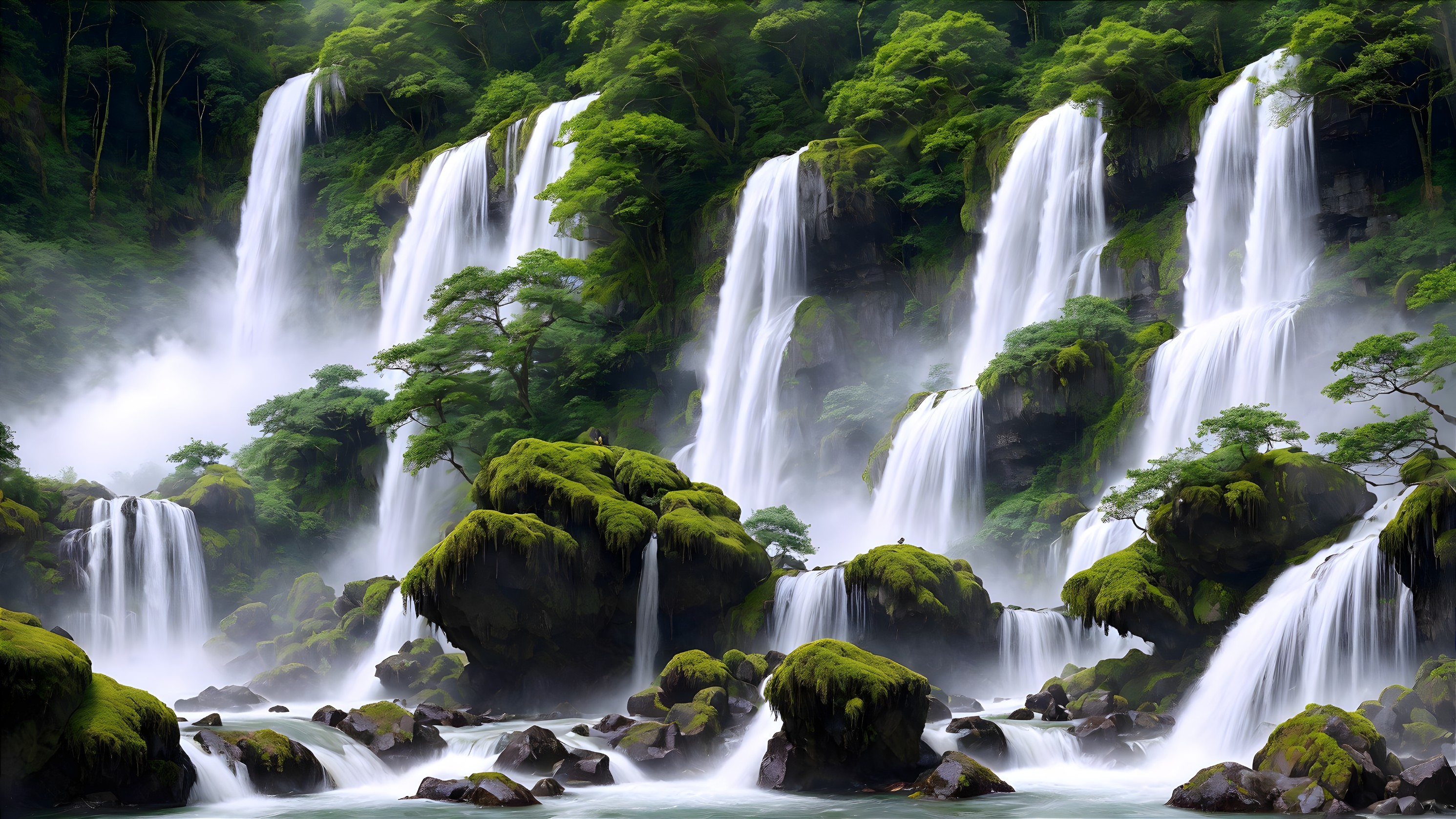 Cascading Waterfalls in Lush Greenery Landscape