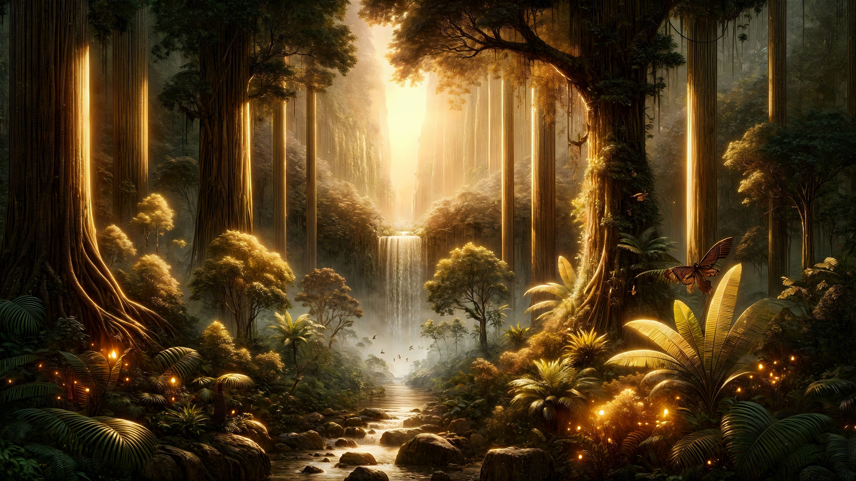 Mystical Forest with Golden Light and Waterfall