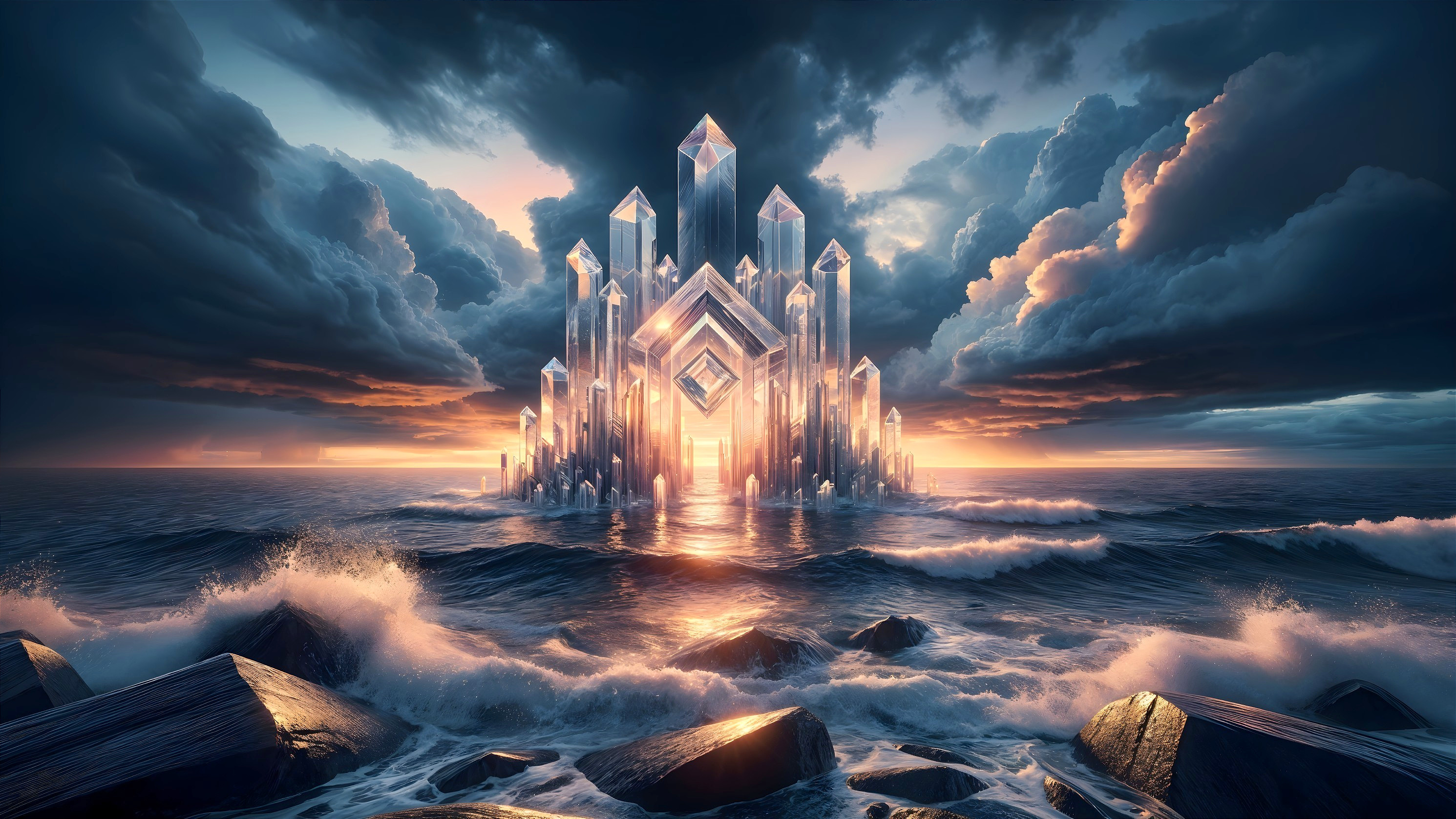 Crystal Fortress Amidst Ocean Waves at Sunset