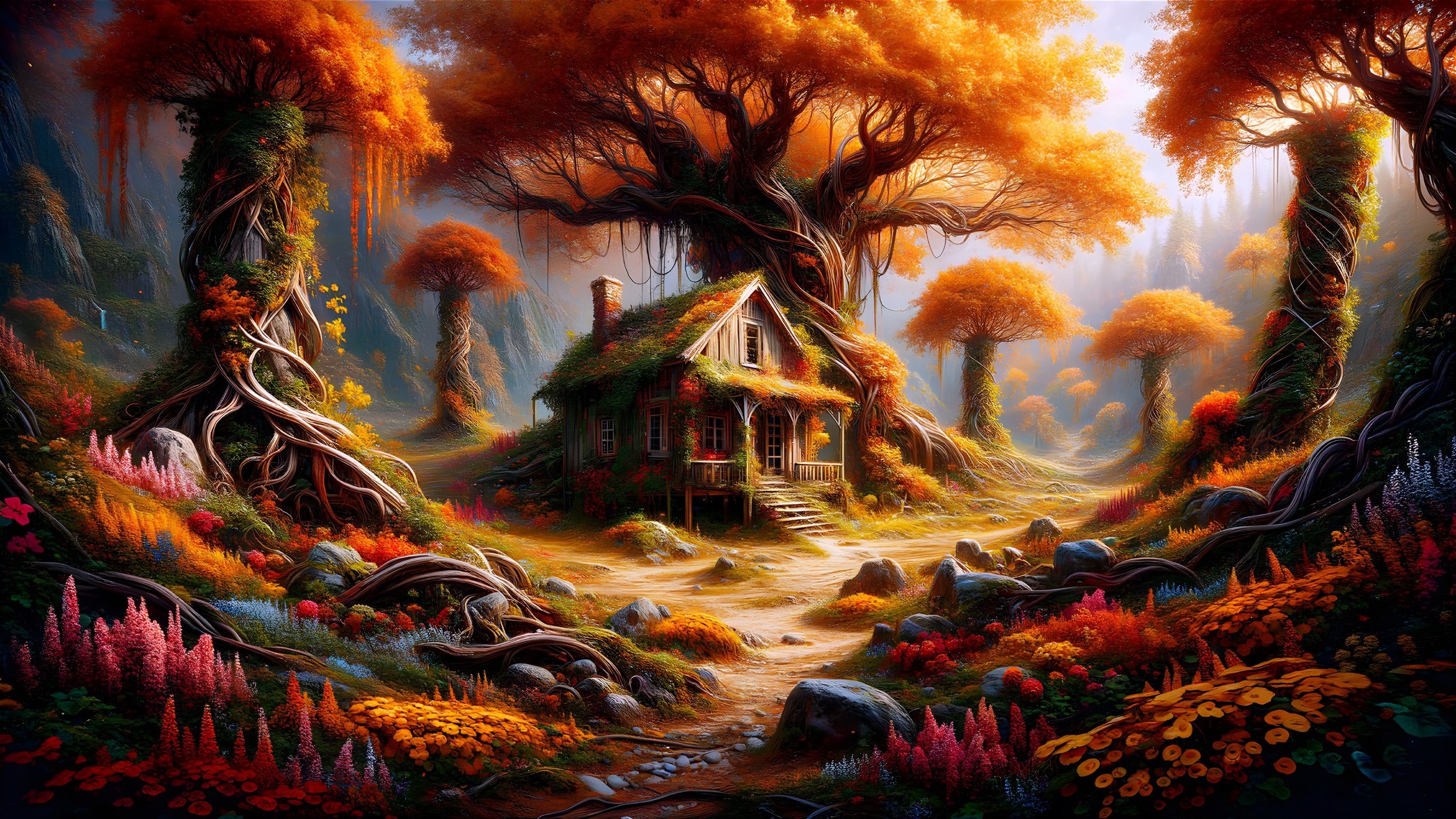 Rustic cottage in a vibrant forest with colorful foliage