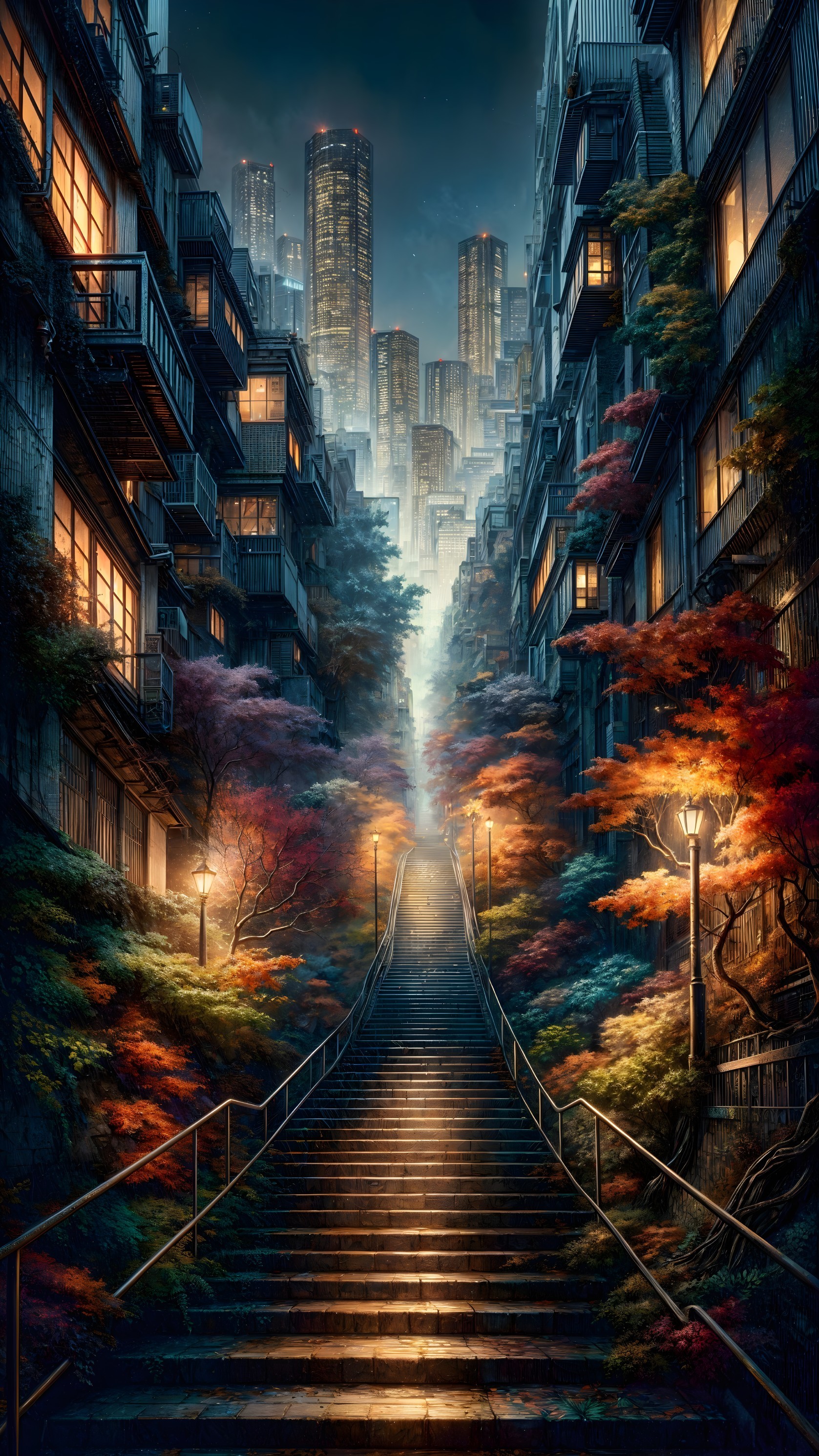 Illuminated Stairway in Urban Alley with Autumn Foliage
