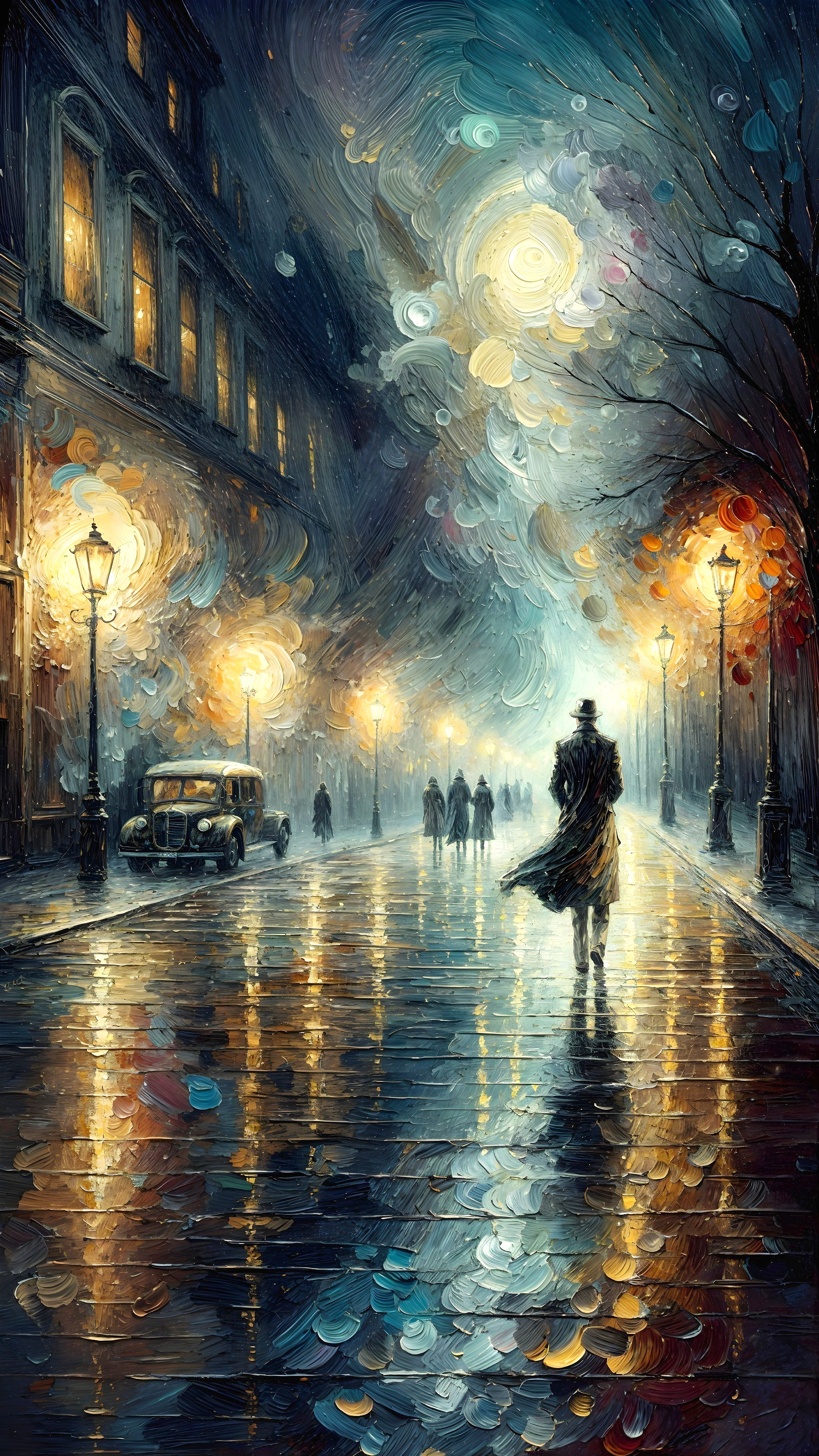 Moody Rainy Night Street Scene with Vibrant Colors