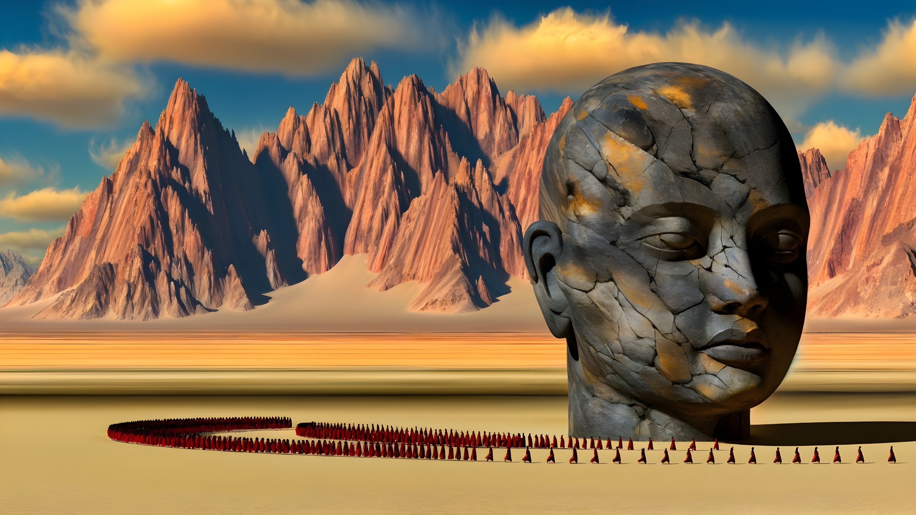 Surreal Landscape with Colossal Stone Head and Figures