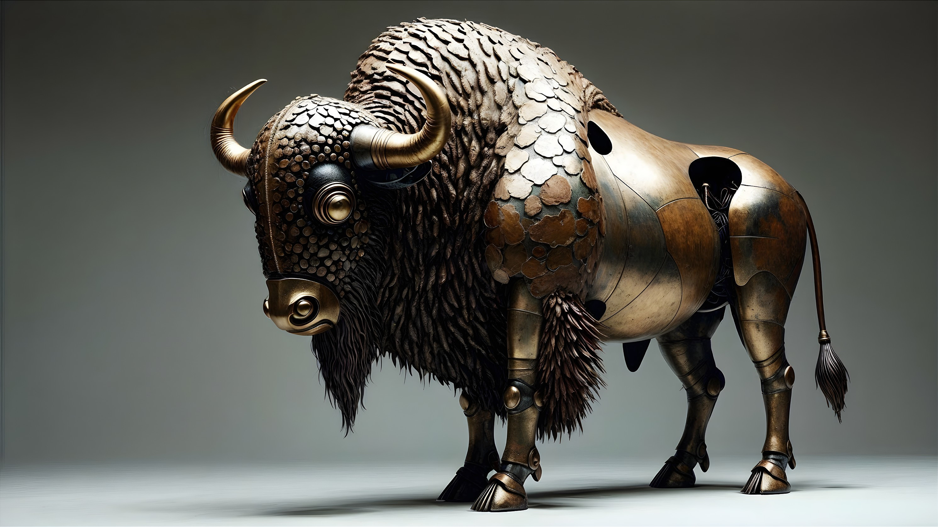 Metallic Buffalo Sculpture with Intricate Details