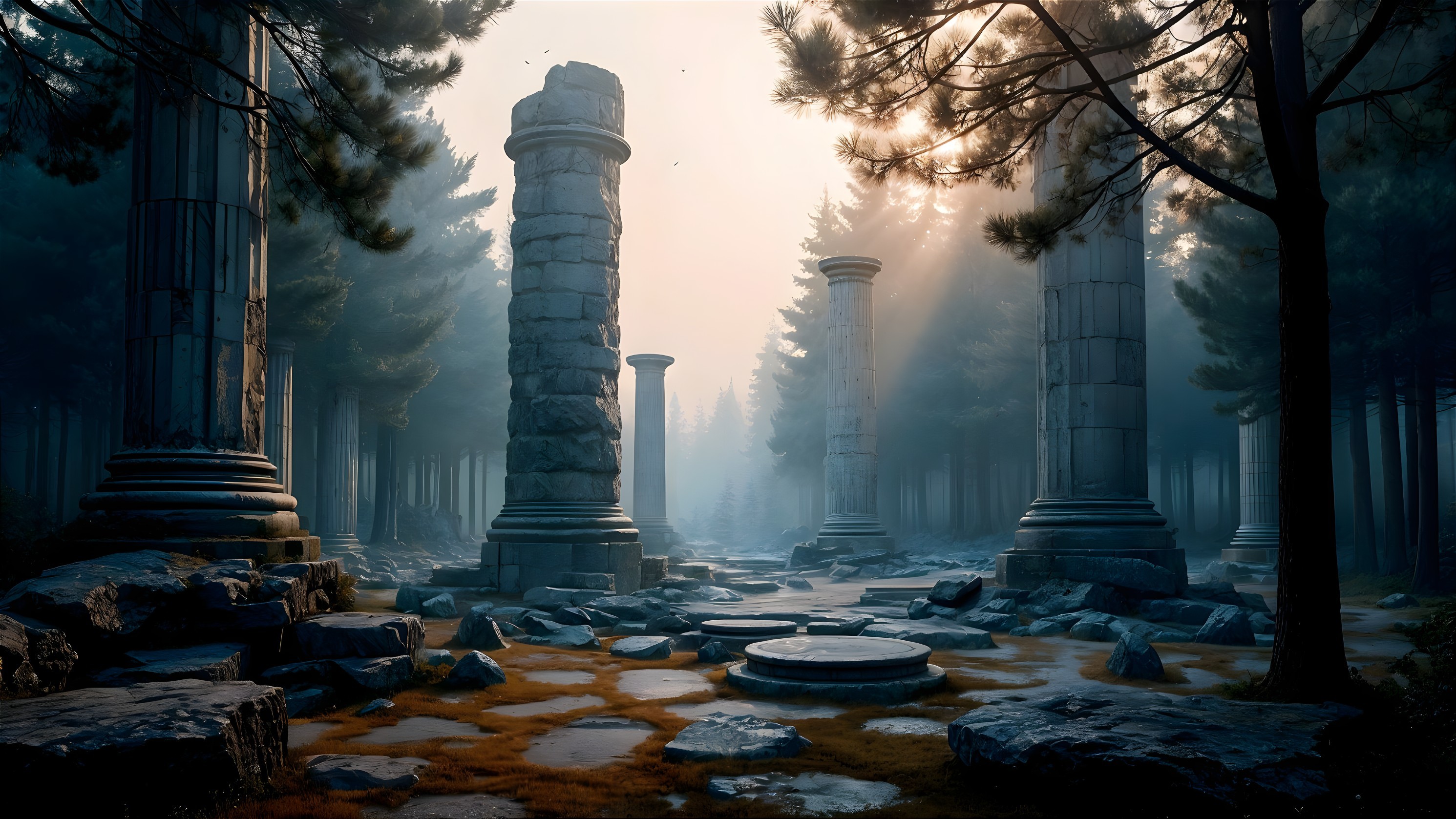 Ancient Misty Landscape with Weathered Columns and Forest